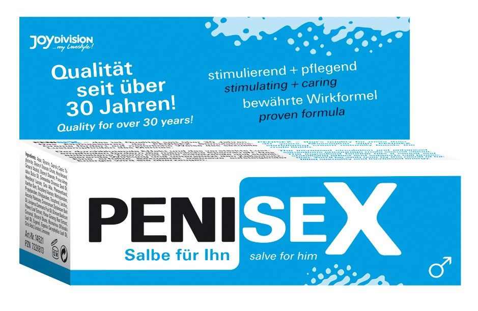 Karton mit Produktnamen PENISEX Salbe für ihn. Blaue und weiße Verpackung mit Text und Logo. Joydivision Logo.