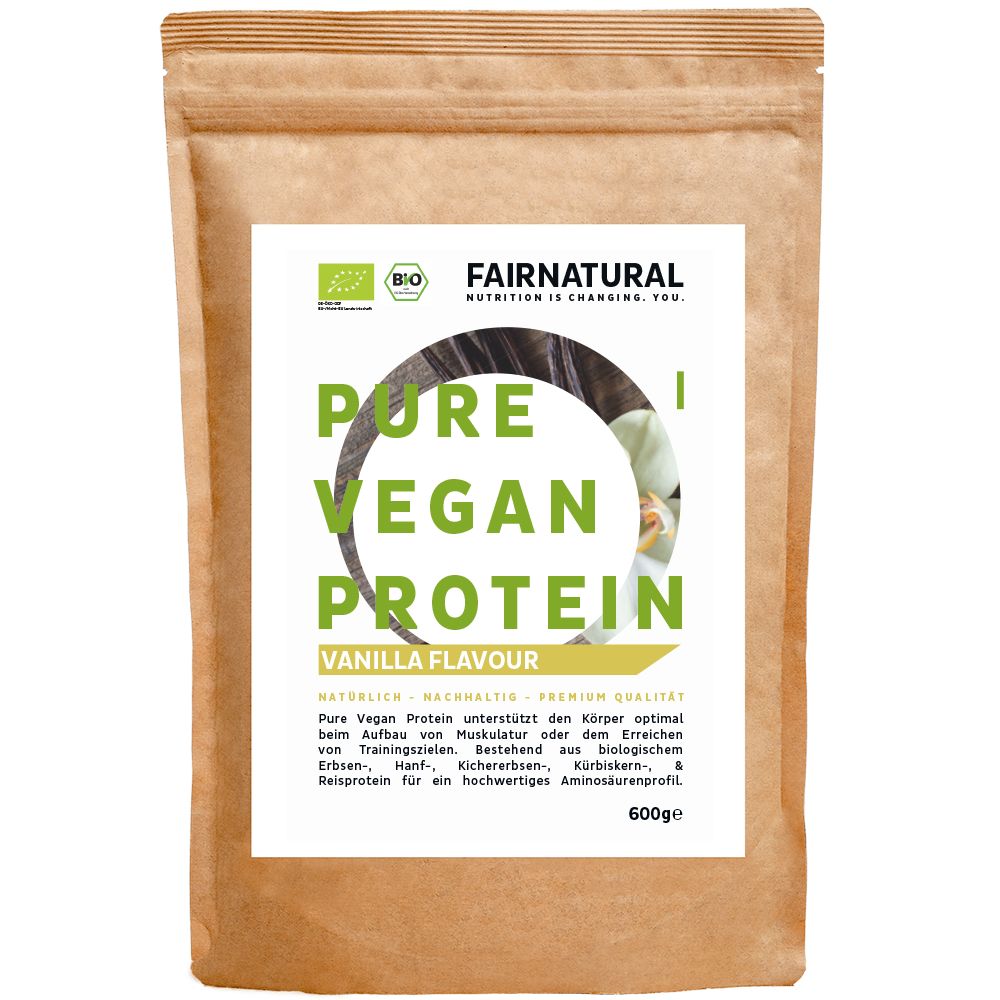Protein-Pulver-Beutel. Text: Pure Vegan Protein, Vanille-Geschmack, 600g. Bio-Zertifizierung.