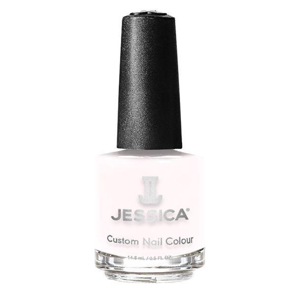 Eine Flasche JESSICA Custom Nail Colour. Weißes Nagellack mit schwarzem Deckel. Aufschrift: 14,8 ml / 0,5 FL OZ.