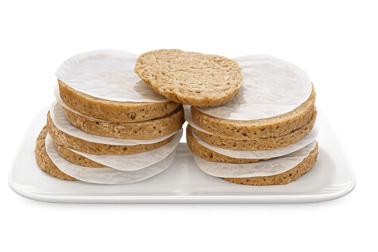 Geschnittene Roggenschrot Mischbrot-Scheiben auf einem weißen Teller.
