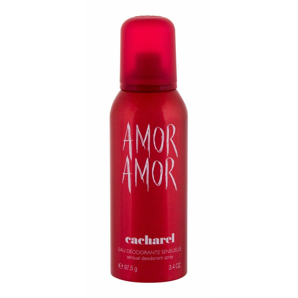 Rote Deodorant-Spraydose mit roter Kappe. Aufschrift "AMOR AMOR" und "cacharel". Text: "Eau Déodorante Sensuelle".
