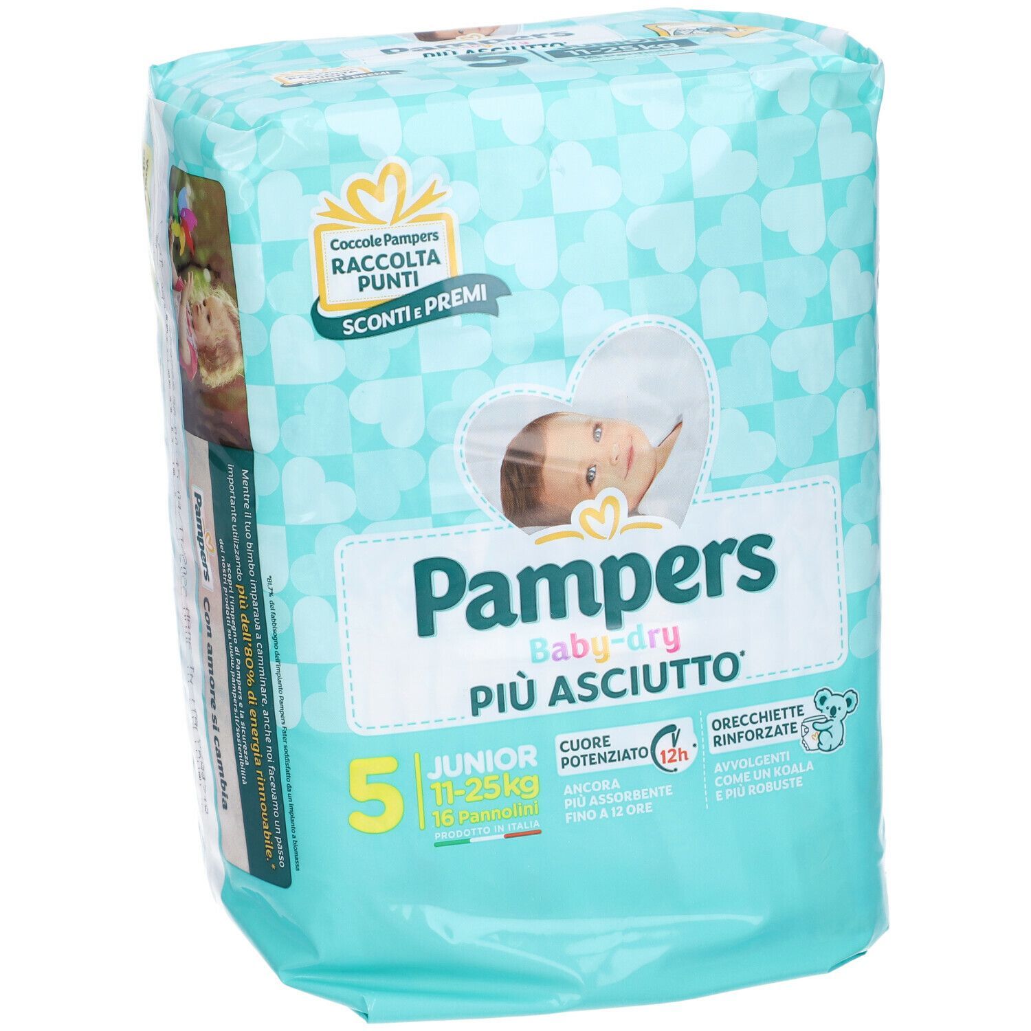 Confezione di pannolini Pampers Baby Dry. Design turchese e bianco. Stampe: bambino, cuori, caratteristiche del prodotto. Taglia 5 Junior, 11-25kg.