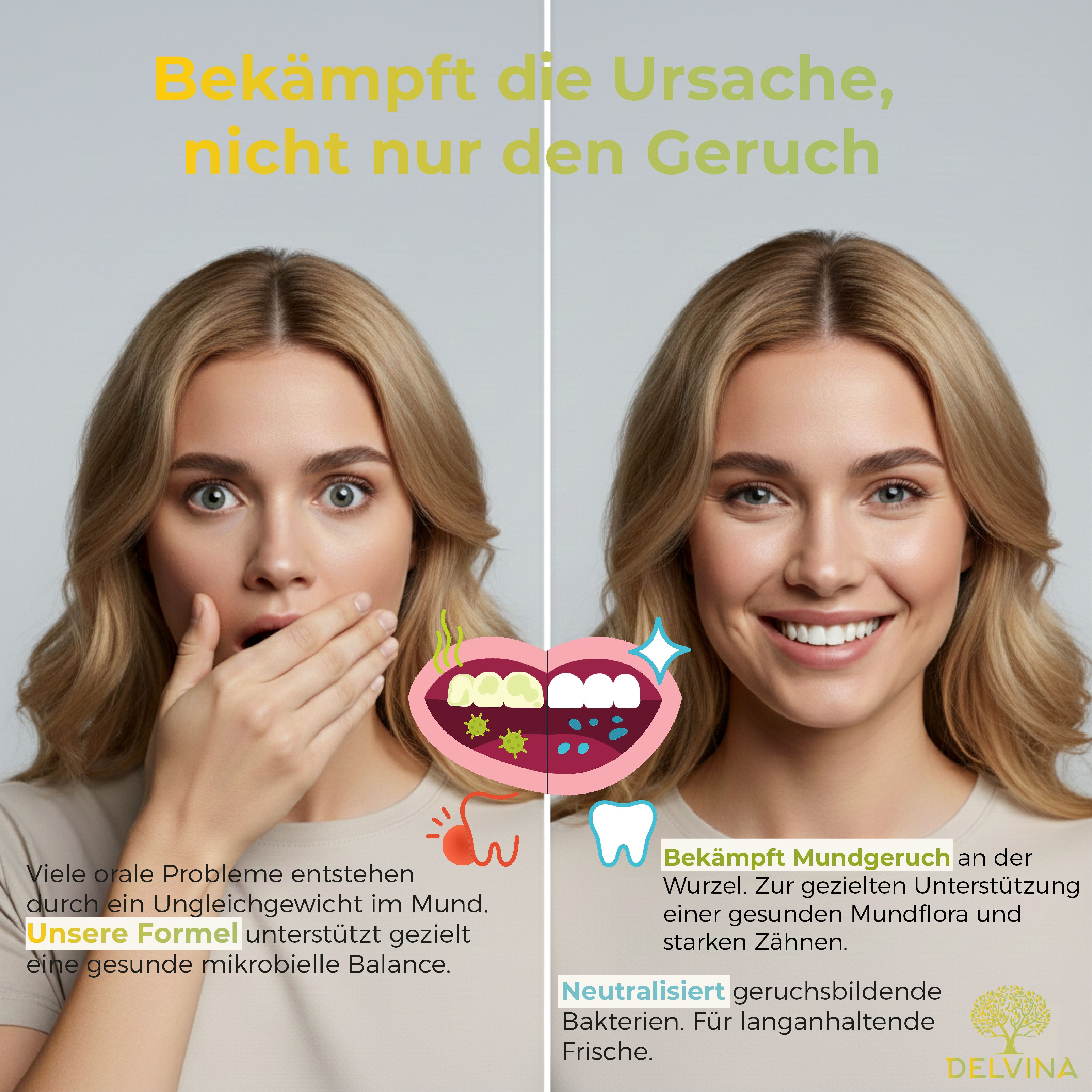 Vorher-Nachher-Darstellung. Frau mit Mund zu, dann lächelnd. Text: Bekämpft die Ursache, nicht nur den Geruch. Delvina Logo. Mundflora.