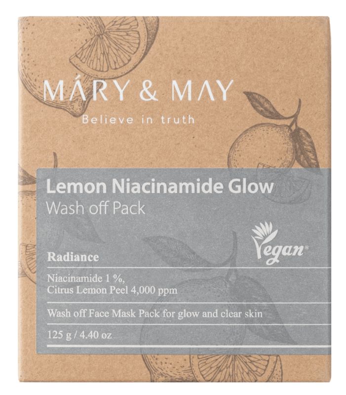 Verpackung des MARY & MAY Lemon Niacinamide Glow Wash Off Pack mit Zitronenillustrationen und Vegan-Siegel.