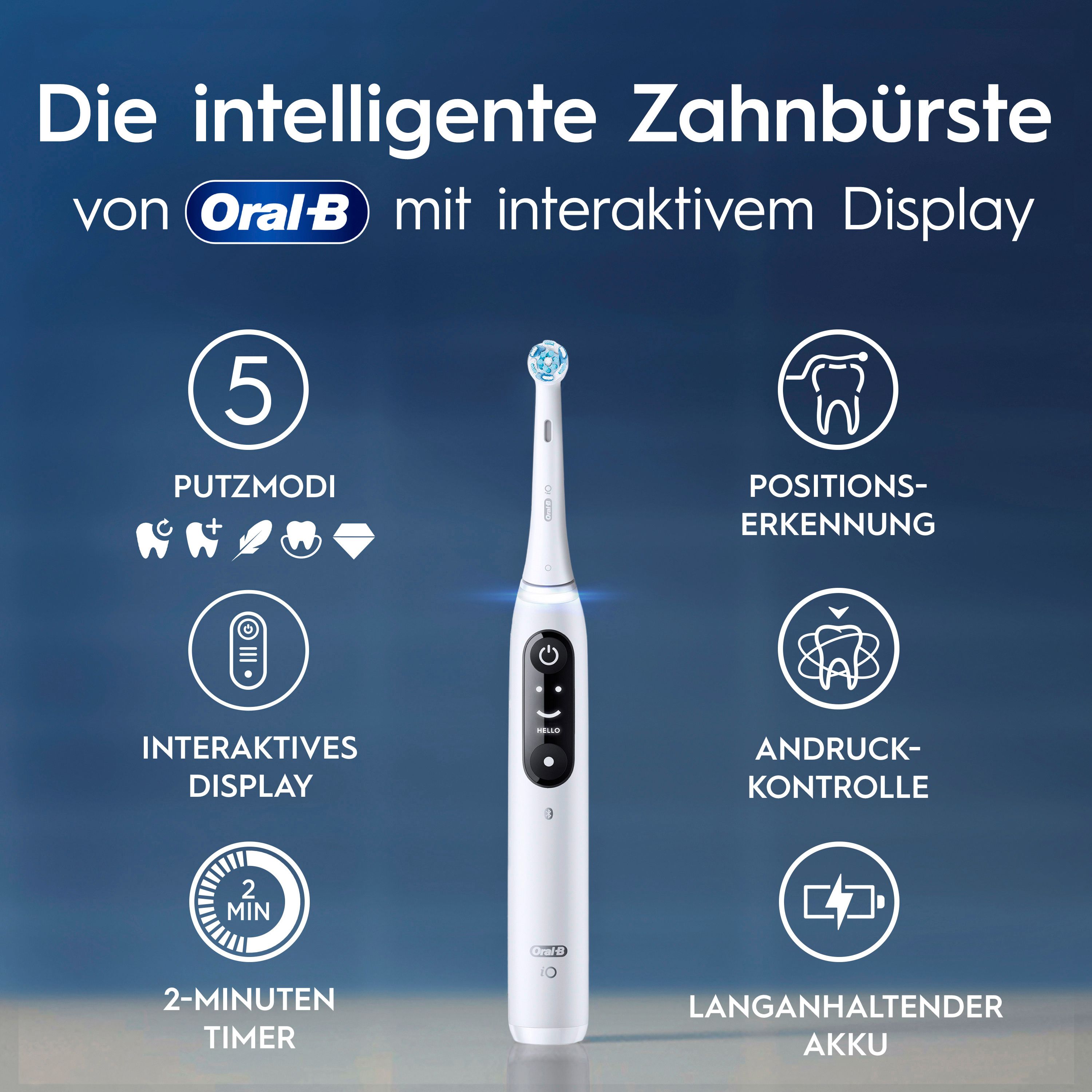 Oral-B iO Series 6 elektrische Zahnbürste. Produktmerkmale: 5 Putzmodi, interaktives Display, 2-Minuten-Timer.