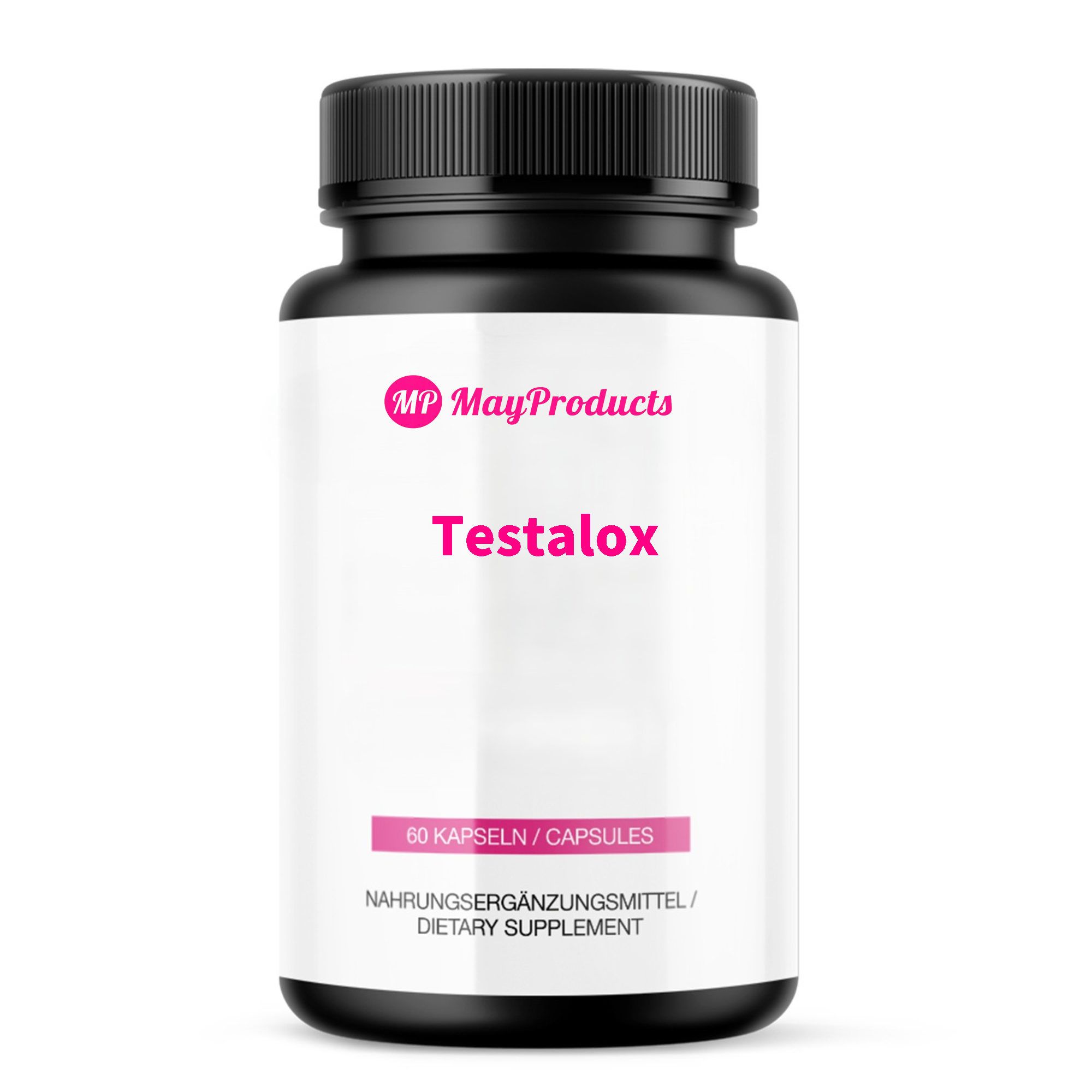Schwarze Flasche mit Kapseln. Aufschrift "Testalox" in Pink. Marke "MayProducts". Enthält 60 Kapseln. Nahrungsergänzungsmittel.