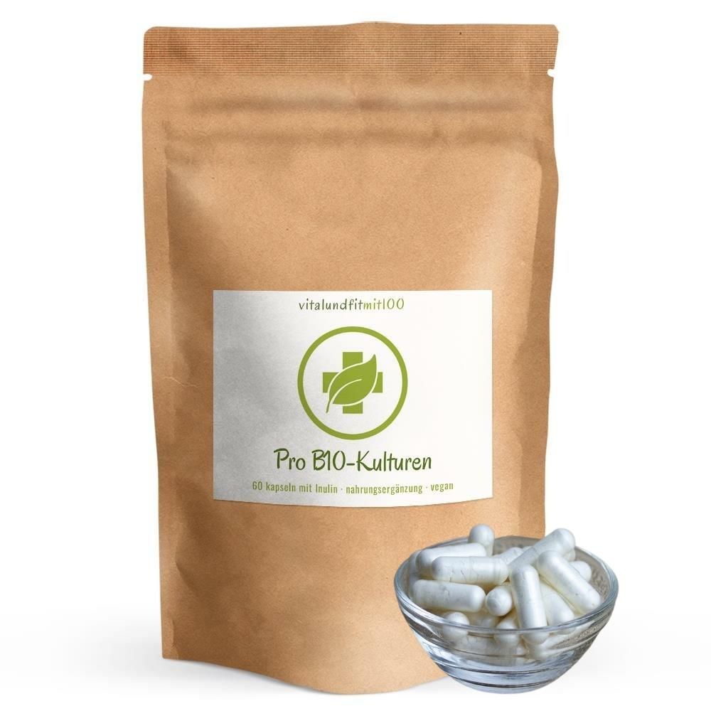 Braune Tüte mit weißem Etikett und Glasschale mit Kapseln.