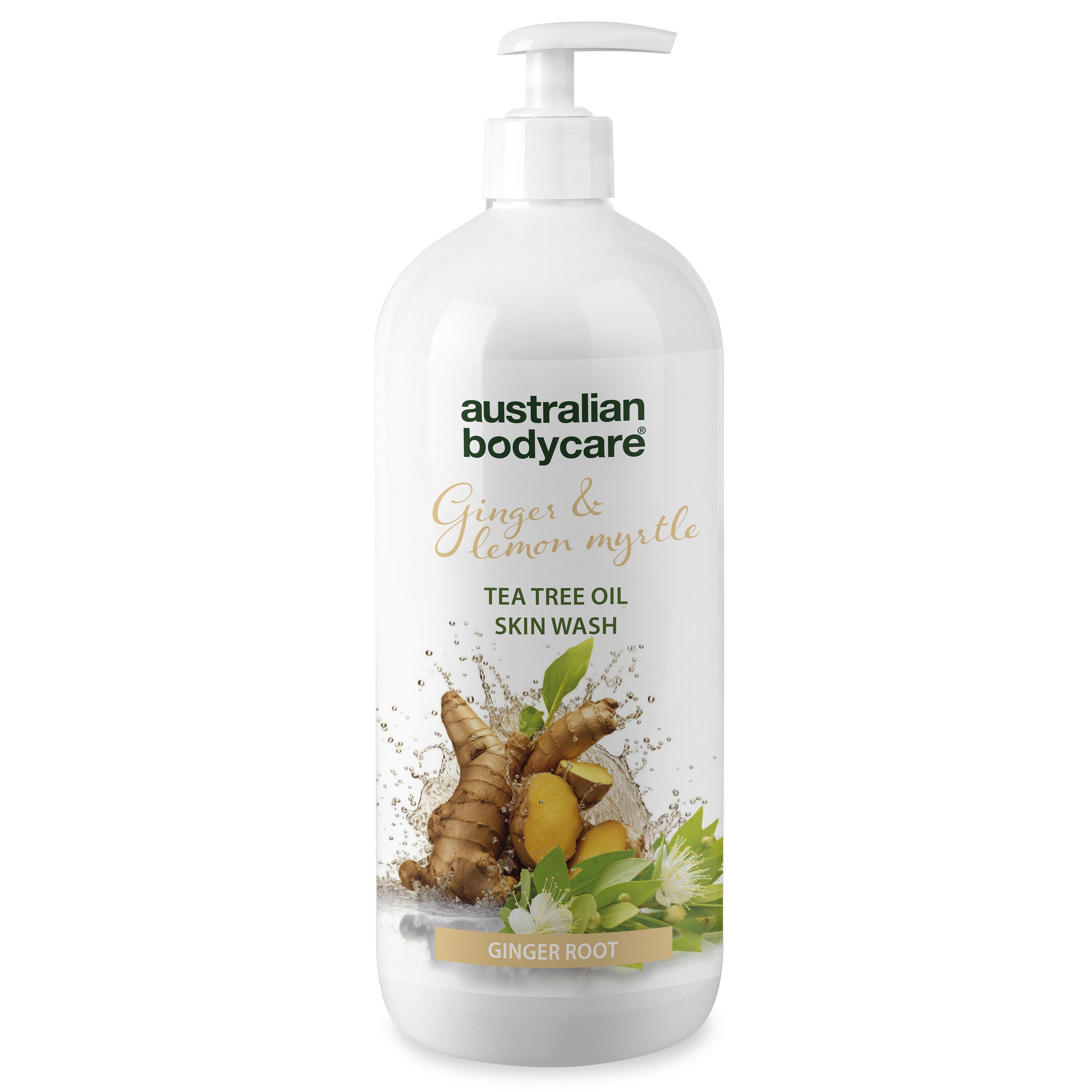 Weiße Flasche mit Pumpe. Aufschrift: Australian Bodycare, Ginger & Lemon Myrtle, Tea Tree Oil Skin Wash. Abbildung von Ingwer und Zitrone.