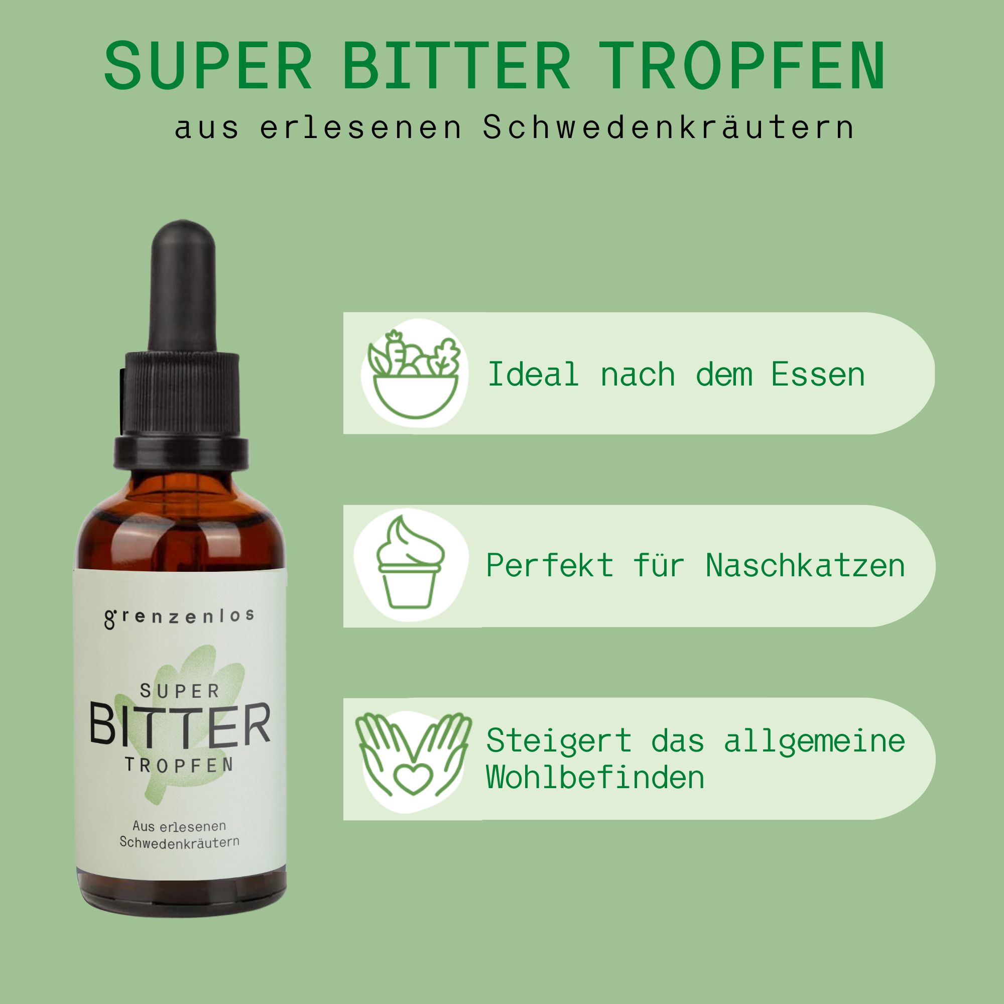 Braune Flasche mit Pipette. Auf grünem Hintergrund mit Text: Ideal nach dem Essen, perfekt für Naschkatzen, Wohlbefinden.