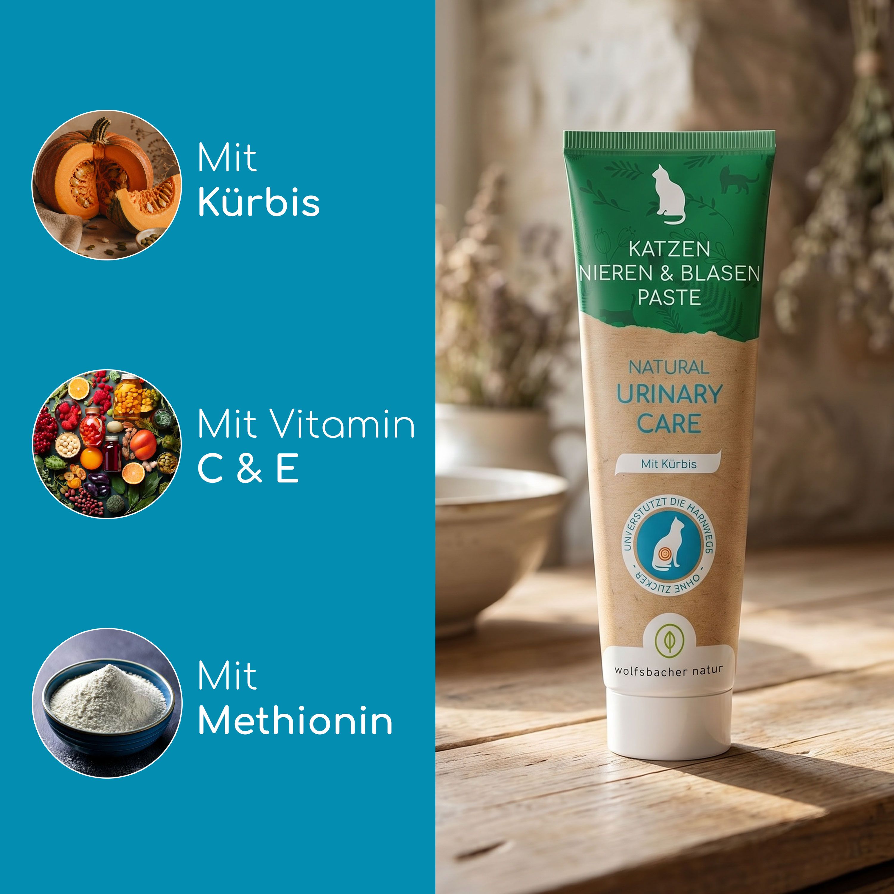 Katzen-Paste mit Kürbis, Vitamin C & E, Methionin. Natürliche Harnpflege.