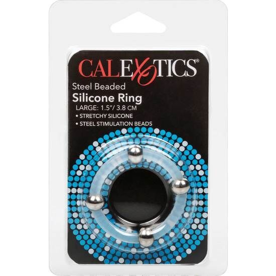 Verpackung mit einem Steel Beaded Silicone Ring. Marke CalExotics. Produktname und Eigenschaften sind aufgedruckt.