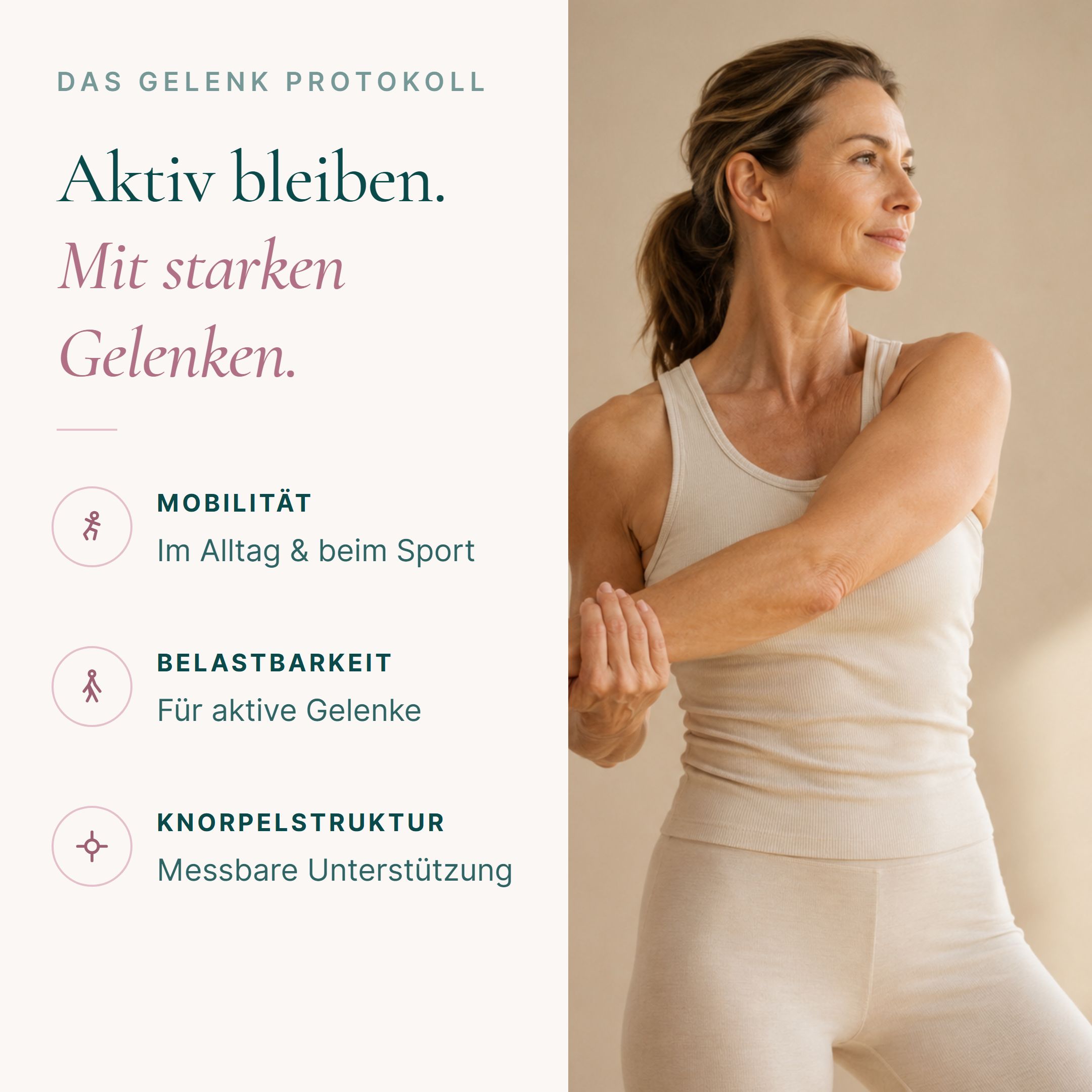 Frau mittleren Alters in Sportkleidung, die ihren Arm hält. Daneben Text über Mobilität, Belastbarkeit und Knorpelstruktur.