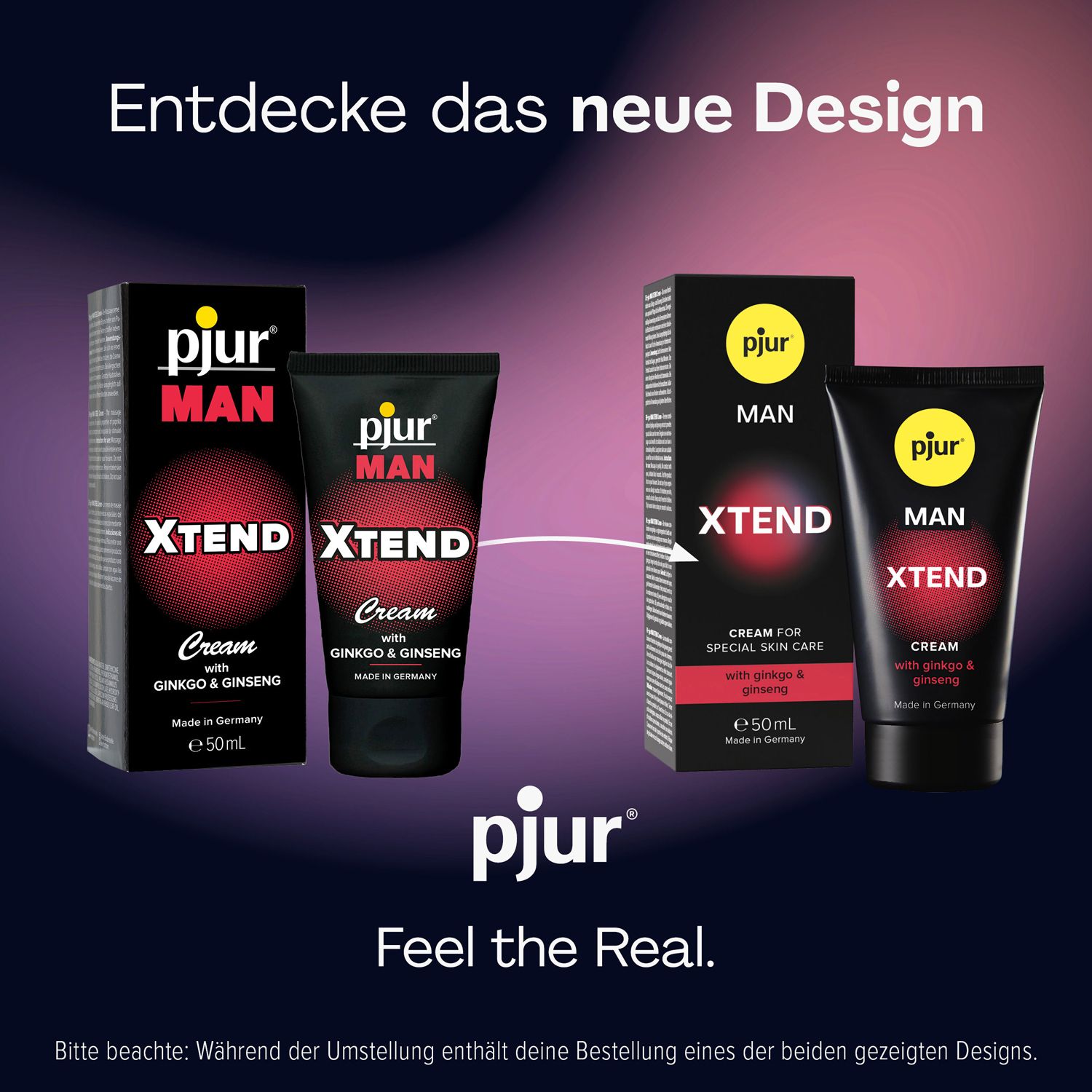 Vergleich von pjur MAN Xtend Cream Verpackungen und Tuben.
