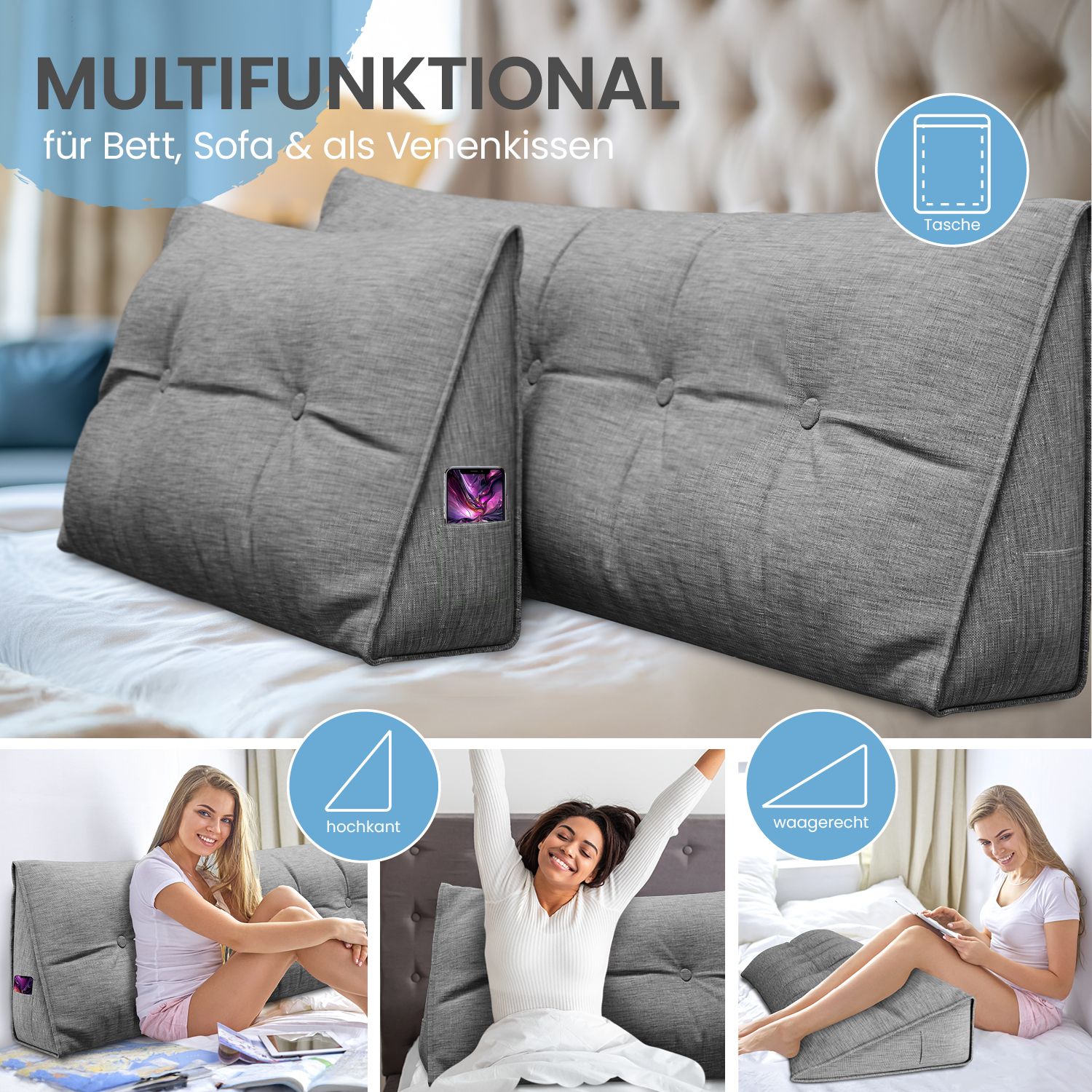Graue Kissen auf einem Bett. Text: Multifunktional. Bilder zeigen verschiedene Anwendungsmöglichkeiten.
