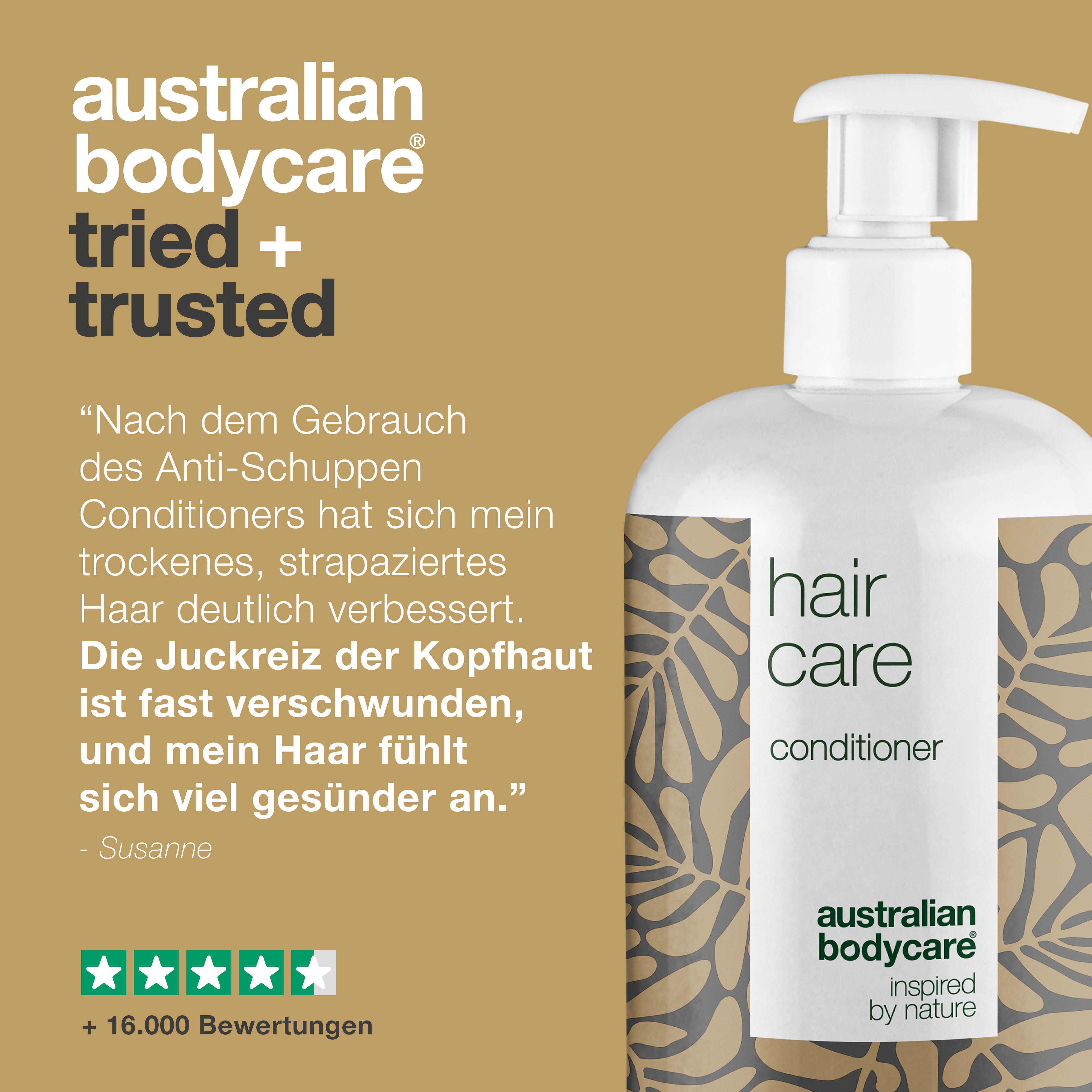 Flasche Conditioner mit Pumpverschluss. Text: Hair Care, australian bodycare. Zitat: trockene Kopfhaut verbessert.