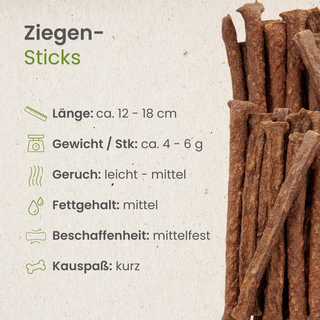 Ziegen-Sticks, 12-18 cm lang, 4-6 g schwer, leicht-mittel riechend, mittelfest.