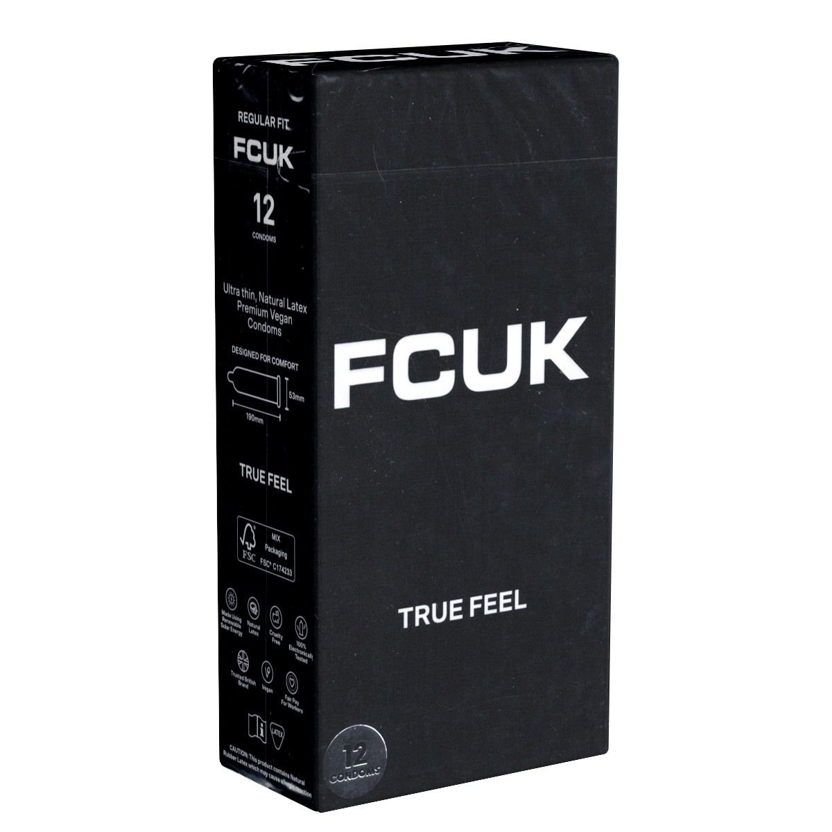 Schwarze Verpackung mit weißem "FCUK"-Logo und "TRUE FEEL" Schriftzug. Enthält 12 Kondome. Angaben zu Material und Größe.