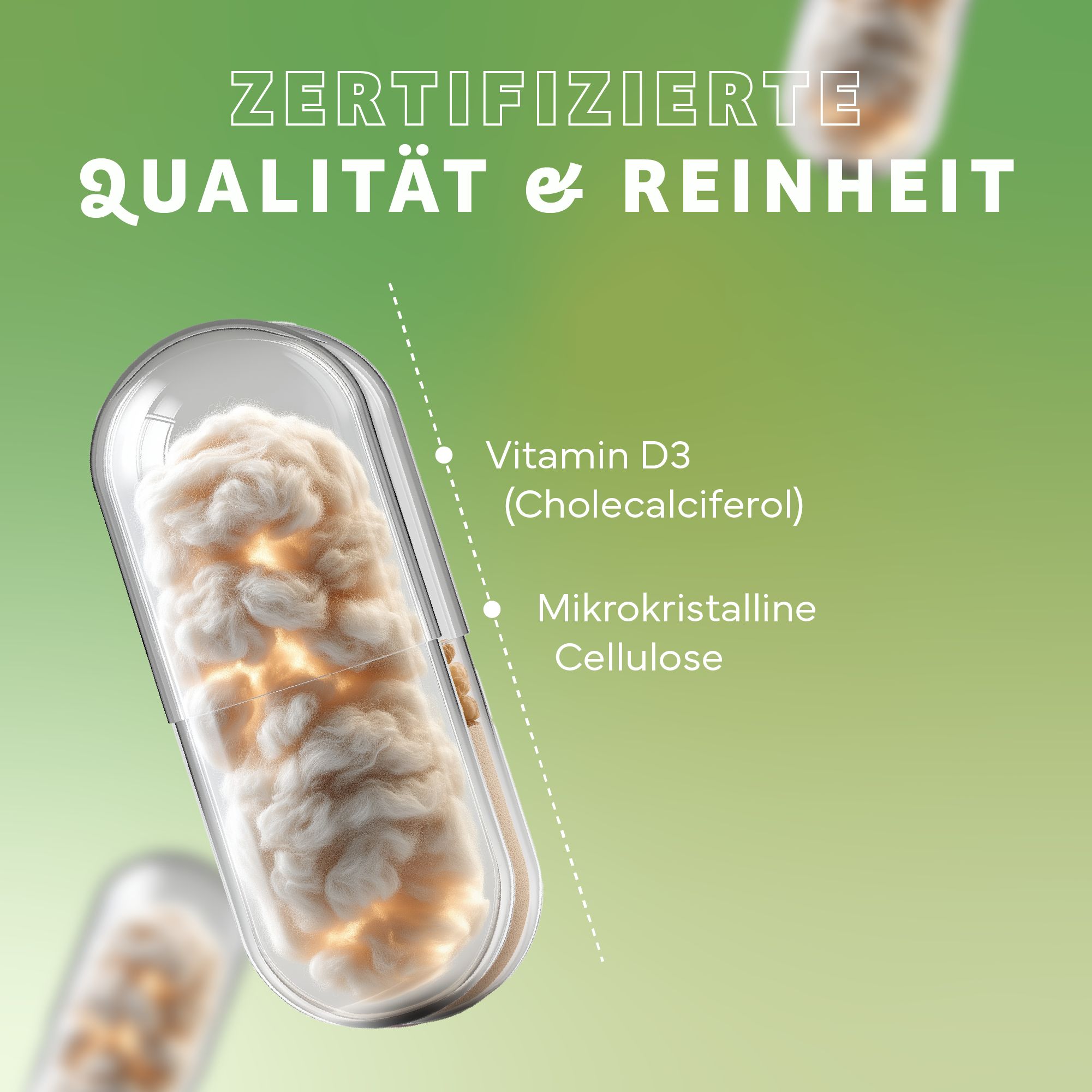 Kapsel mit Vitamin D3 und Mikrokristalliner Cellulose. Text: Zertifizierte Qualität & Reinheit. Grüner Hintergrund.