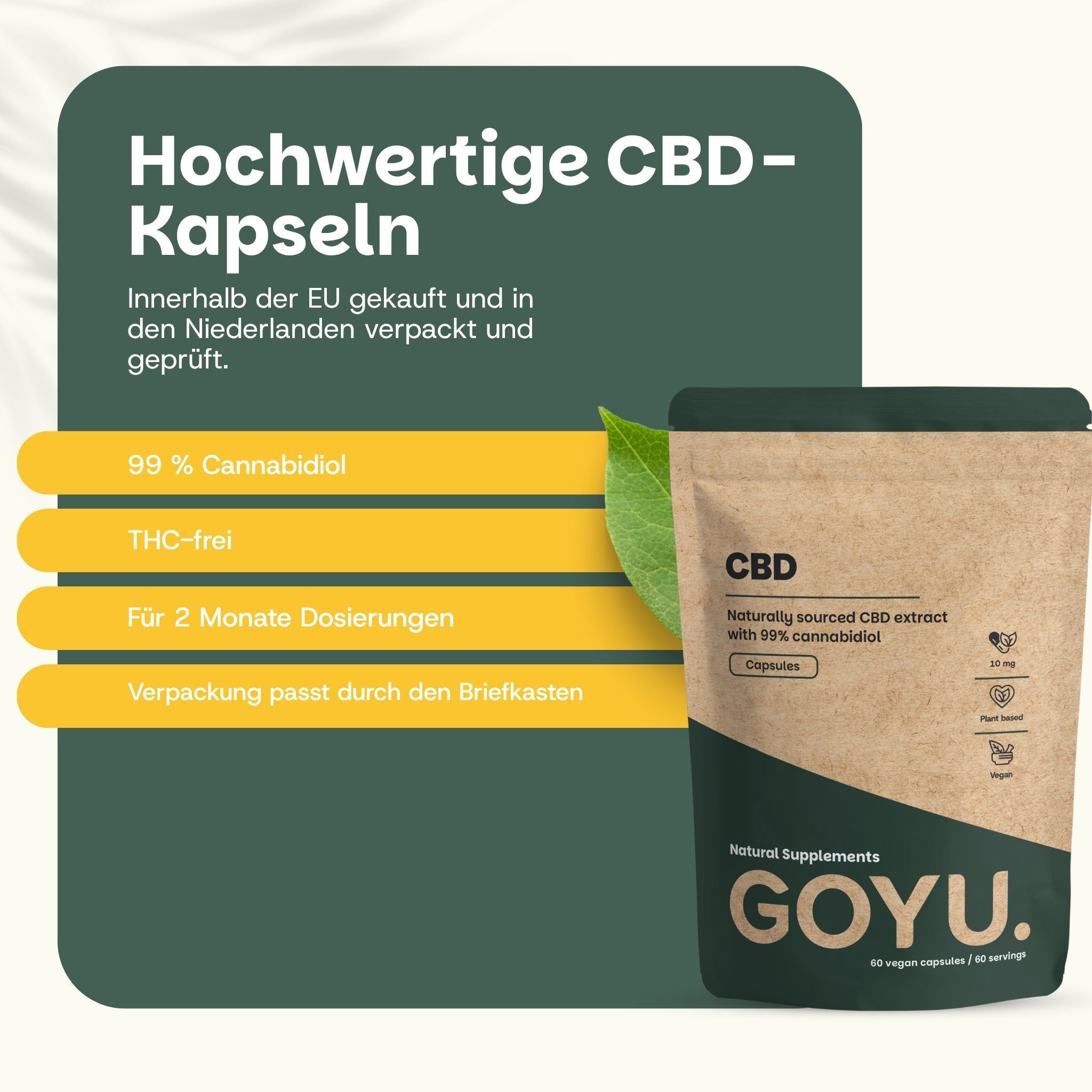 Hochwertige CBD-Kapseln: 99% Cannabidiol, THC-frei, 2 Monate Dosierung, Briefkastenverpackung.