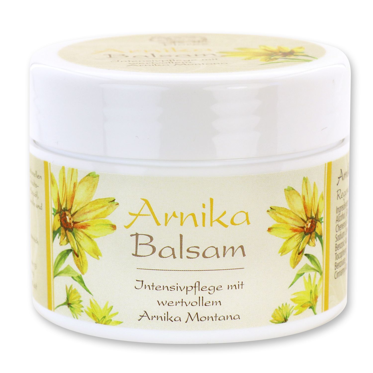 Weißes Tiegel mit gelbem Etikett. Aufschrift: Arnika Balsam. Abbildung von gelben Blüten. Text: Intensivpflege mit wertvollem Arnika Montana.
