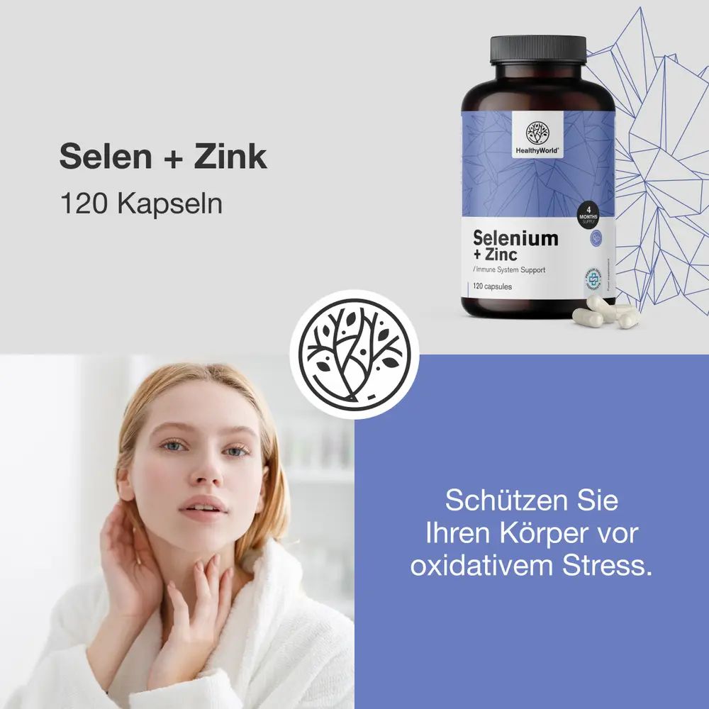 Frau im Bademantel. Flasche: Selenium + Zink, 120 Kapseln. Text: Schützen Sie Ihren Körper.