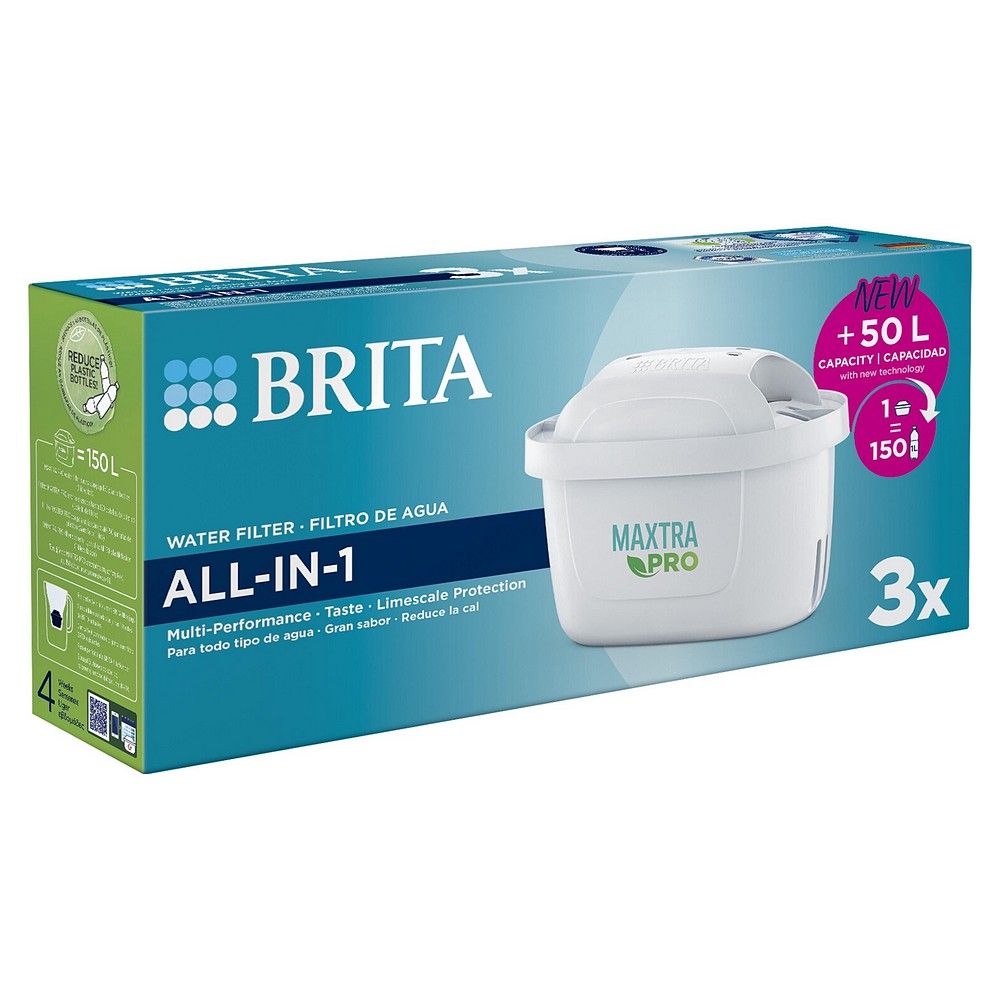 Brita Maxtra+ All-in-1 Wasserfilter-Kartuschen im 3er-Pack, eine einzelne Kartusche ist sichtbar.