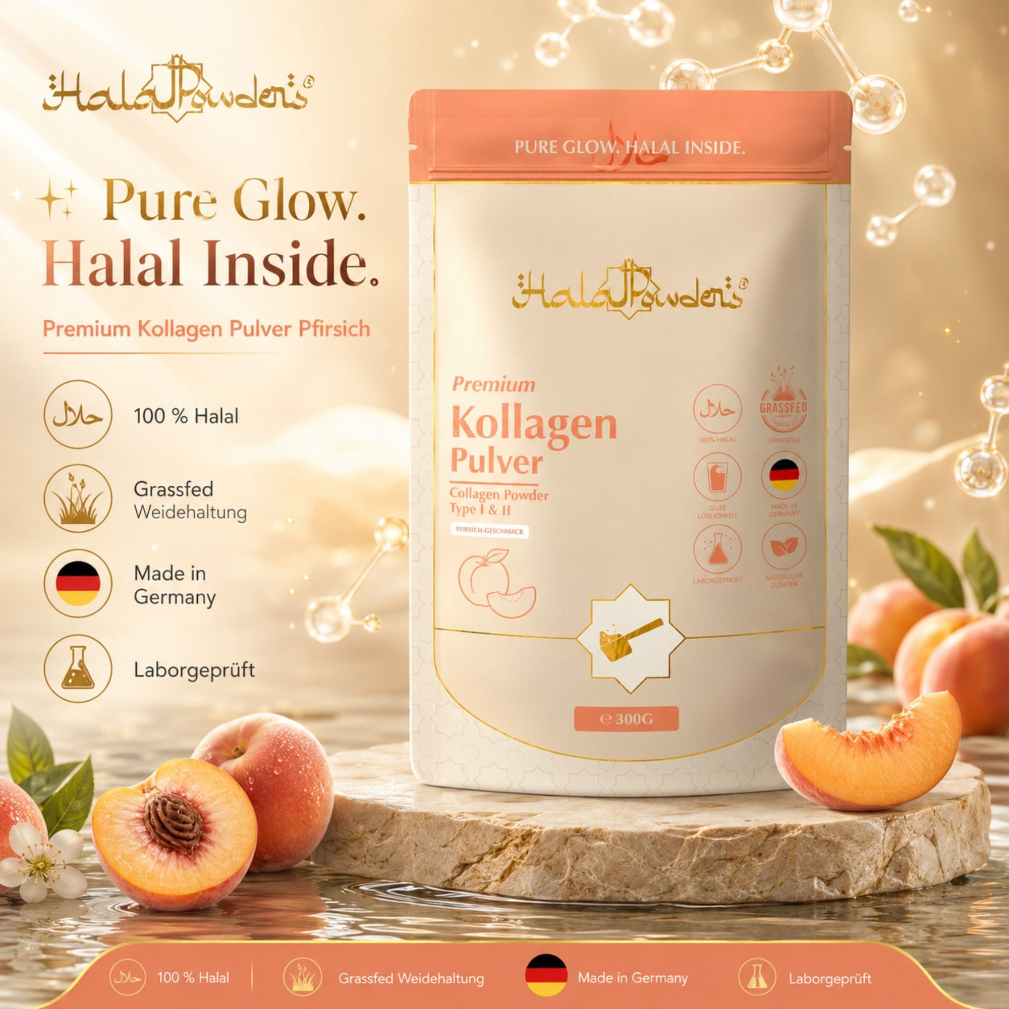 Packung Kollagen Pulver Pfirsich mit Pfirsichen, zertifiziert als Halal und Made in Germany.