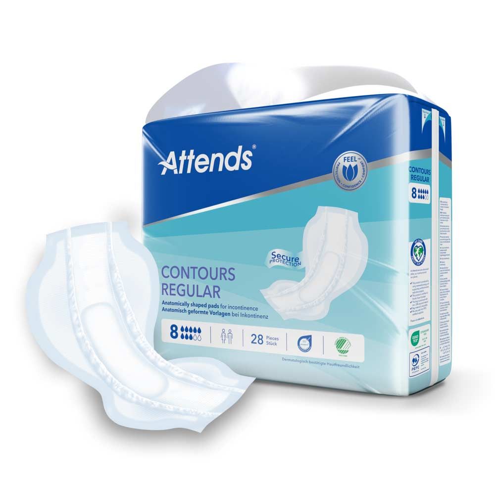 Attends Contours Regular 8. Anatomisch geformte Vorlagen. Verpackung mit 28 Stück. Produkt und einzelne Vorlage sichtbar.