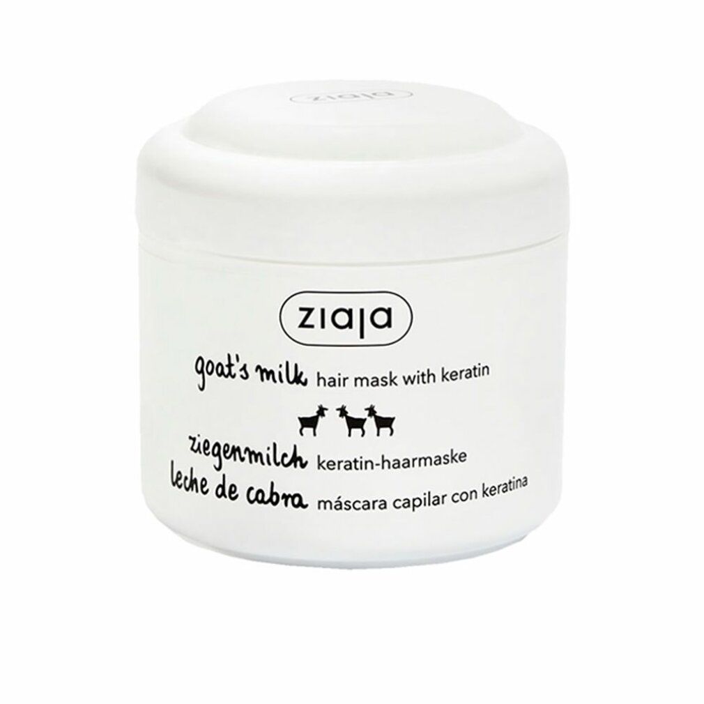 Weiße Dose mit Ziaja-Logo und Aufschrift "goat's milk hair mask with keratin". Mehrsprachige Produktbezeichnungen.