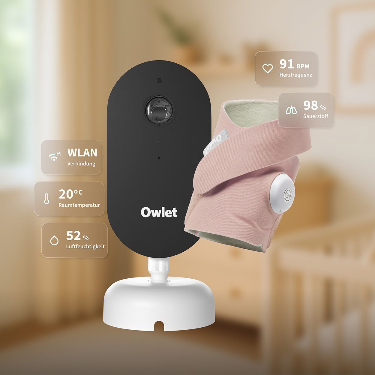 Owlet Dream Duo. Kamera, rosa Socke mit Sensor. WLAN-Verbindung, Raumtemperatur 20°C, Luftfeuchtigkeit 52%. Herzfrequenz 91 BPM, Sauerstoffsättigung 98%.
