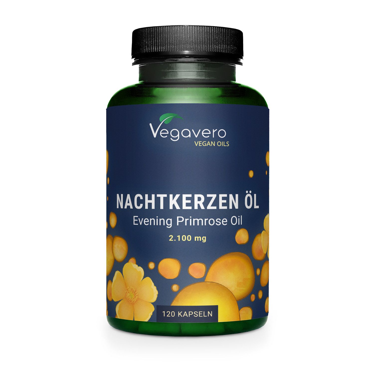 Grüne Flasche mit schwarzem Deckel. Aufschrift: Nachtkerzen Öl, 120 Kapseln. Vegavero Logo.