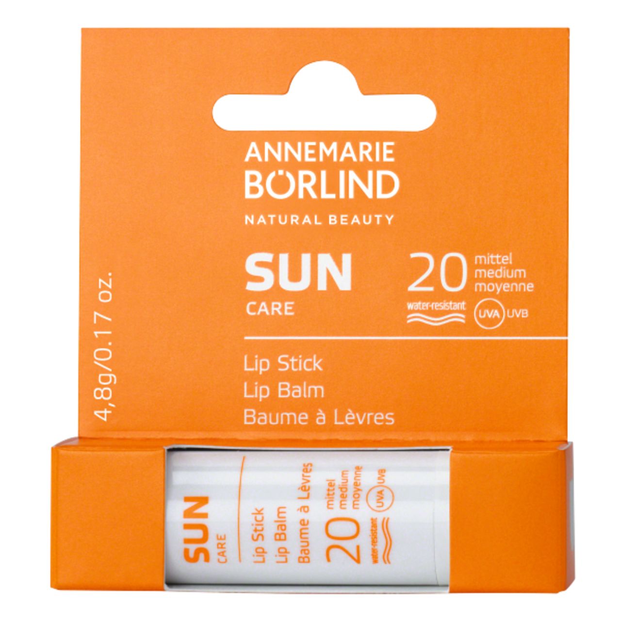 Orangefarbene Verpackung mit Lippenpflegestift. Marke: ANNEMARIE BÖRLIND. LSF 20. Ohne Mikroplastik.