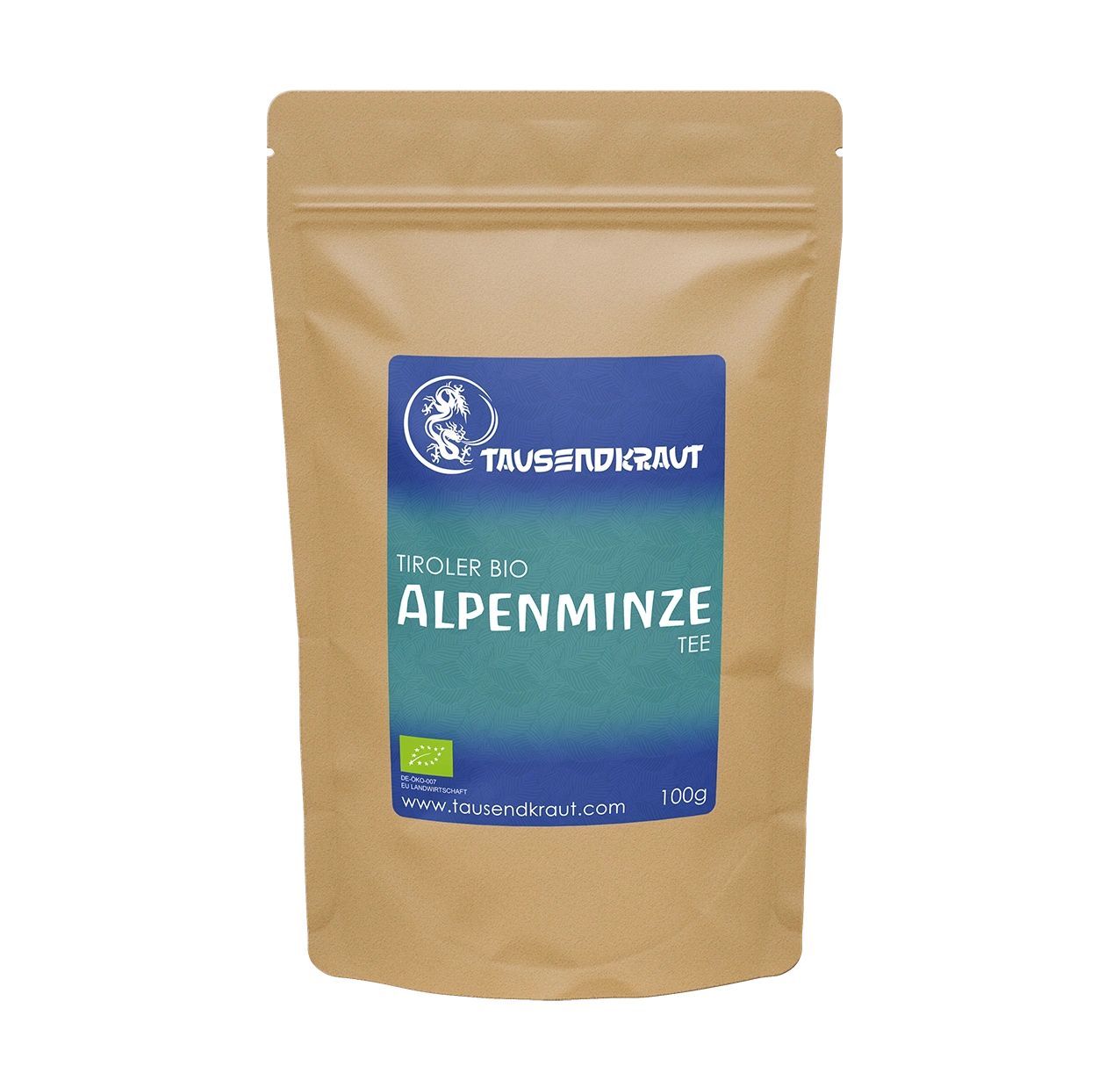 Beutel mit blauem Etikett. Aufschrift: Tausendkraut, Tiroler Bio Alpenminze Tee. Bio-Siegel. 100g.