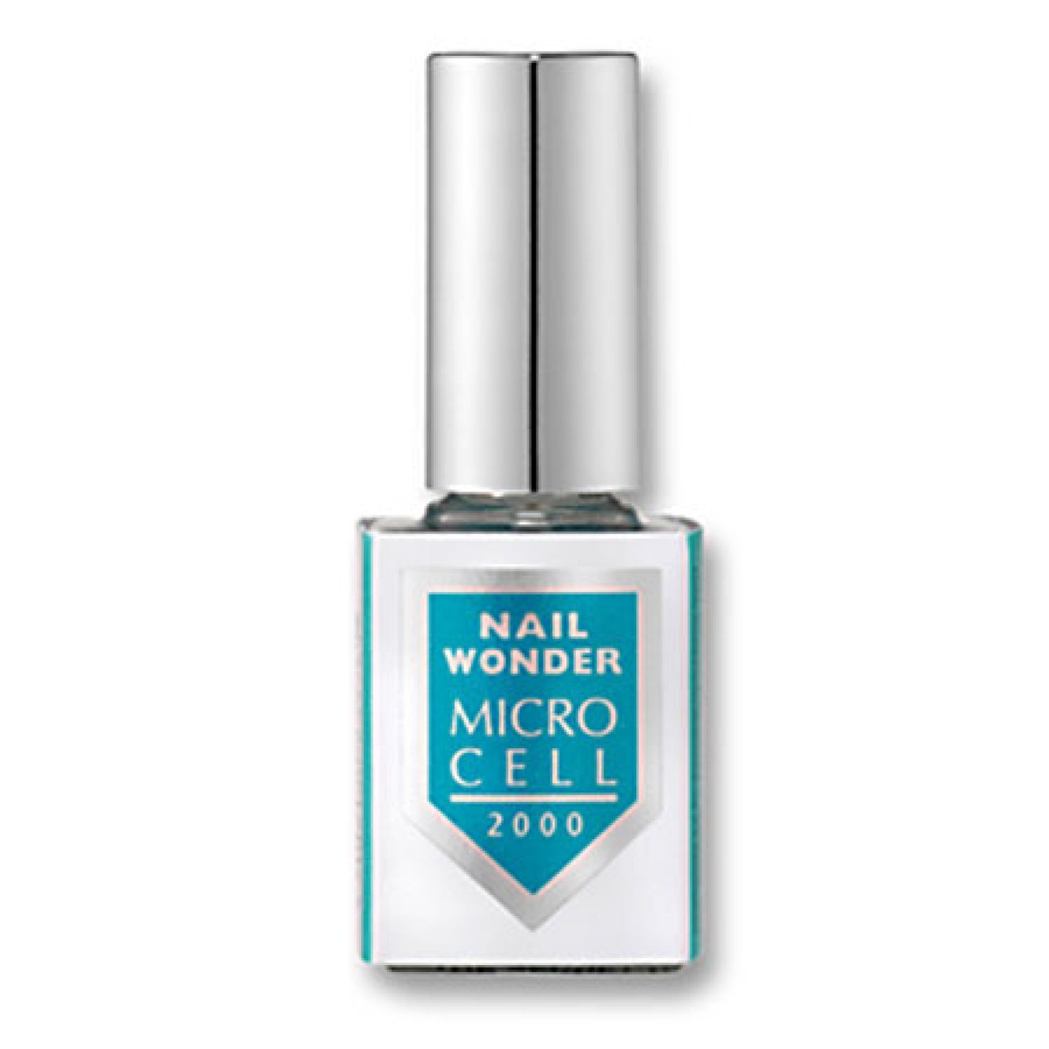 Fläschchen mit silbernem Deckel. Aufschrift: NAIL WONDER, MICRO CELL 2000. Türkis-weiße Etikettierung.