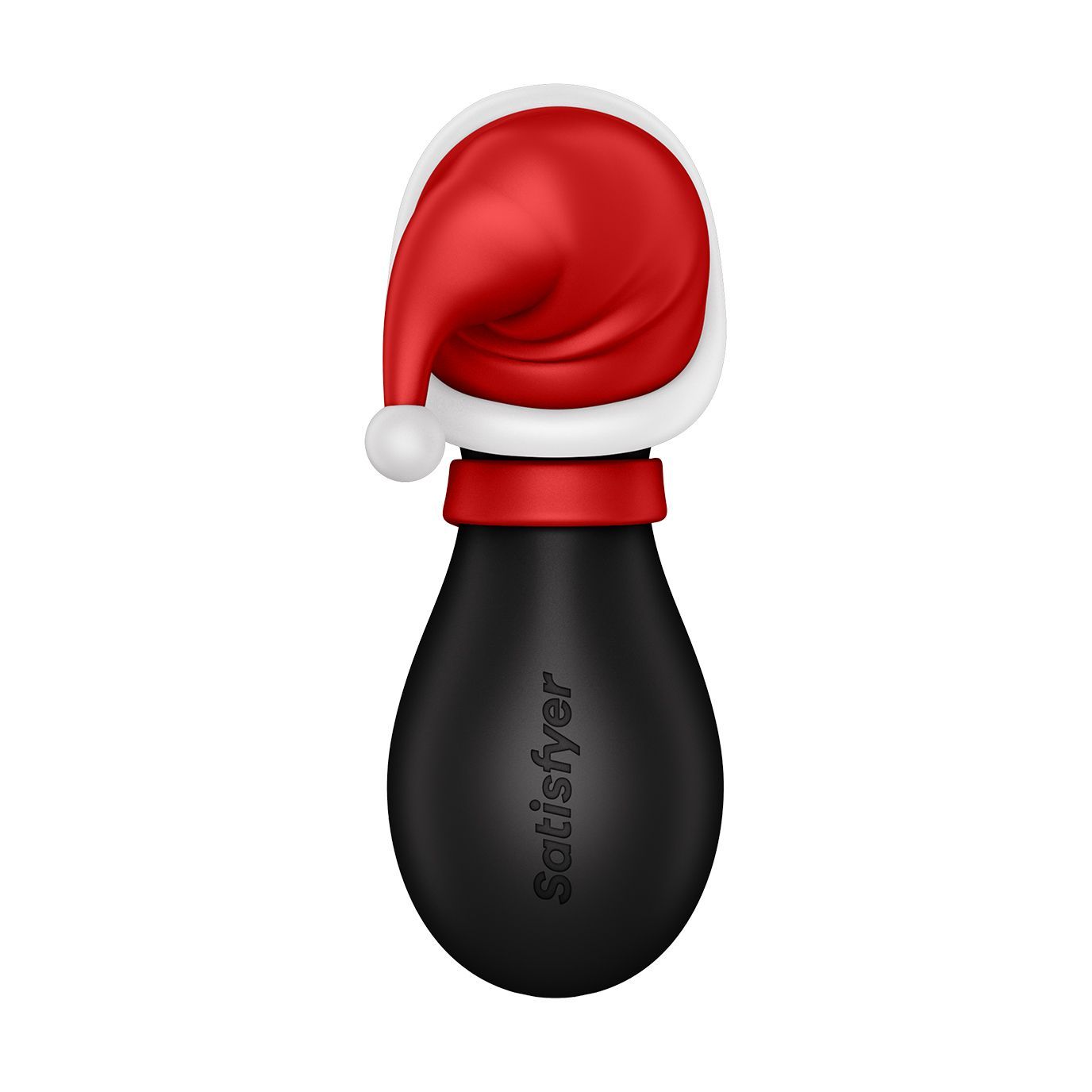 Schwarzer, tropfenförmiger Körper mit roter Weihnachtsmütze und weißem Bommel.