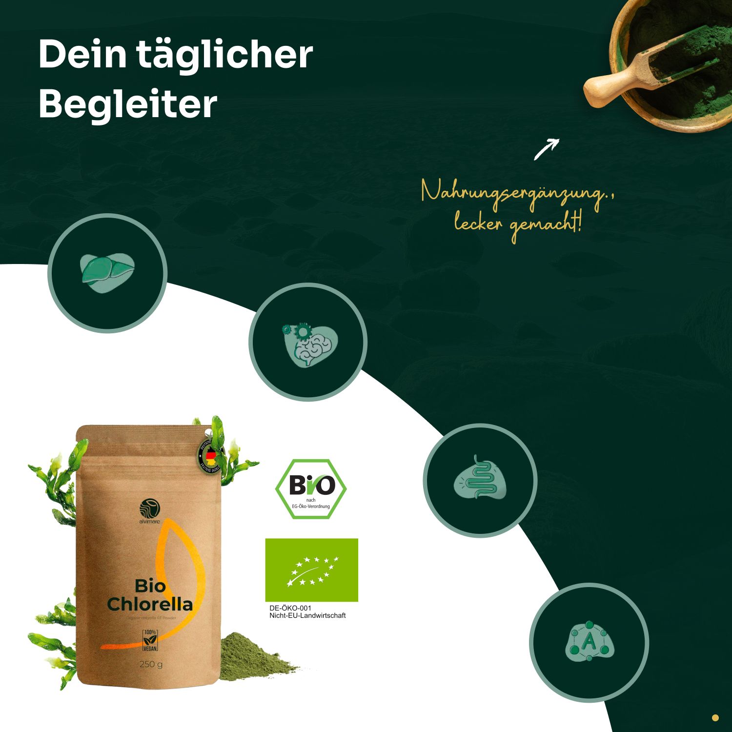 Braune Papierverpackung mit Bio Chlorella. Bio- und EU-Siegel. Text: Dein täglicher Begleiter. Grünliche Pulver in Schale.