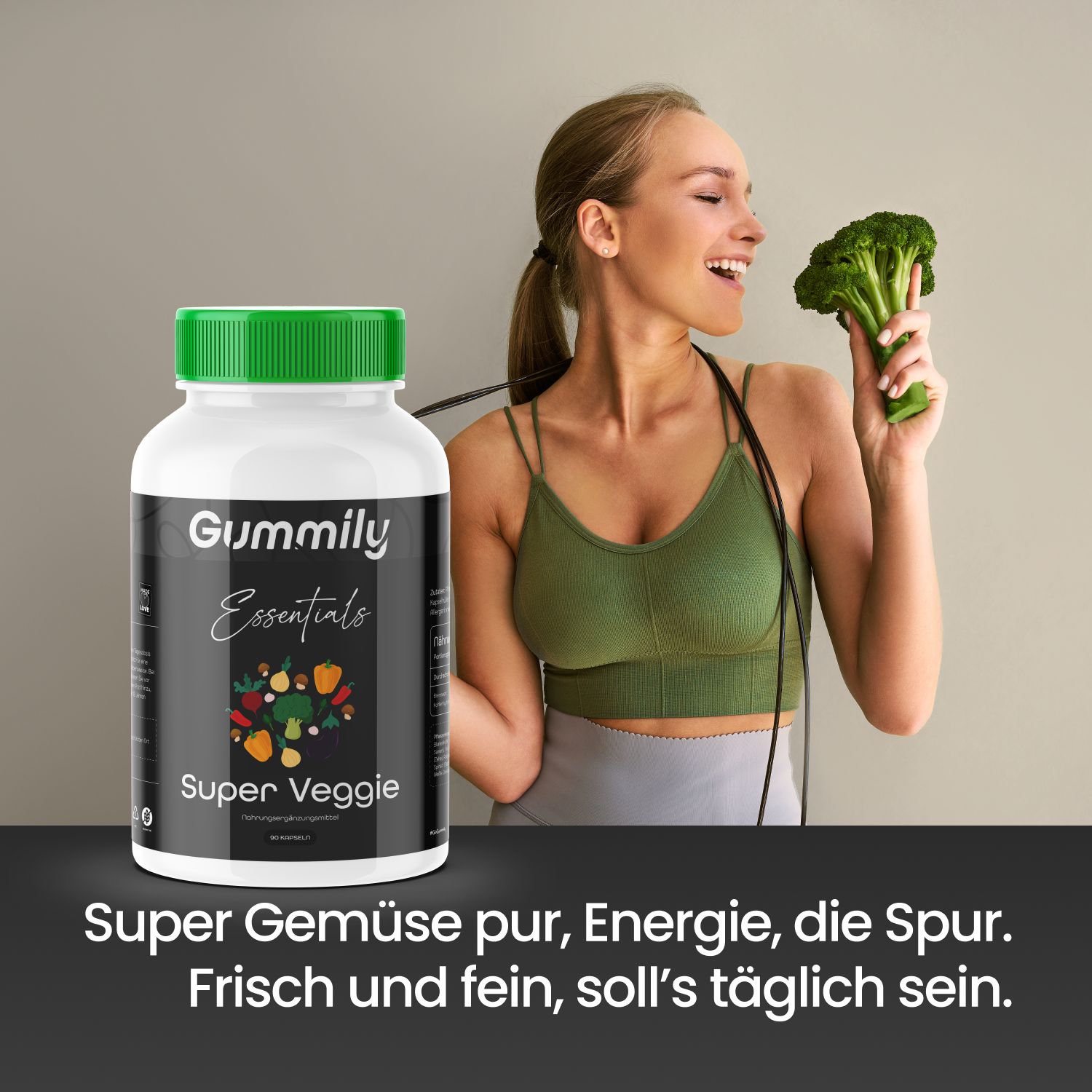 Frau mit Flasche und Brokkoli. Text: Super Gemüse pur, Energie, die Spur. Frisch und fein, soll's täglich sein.