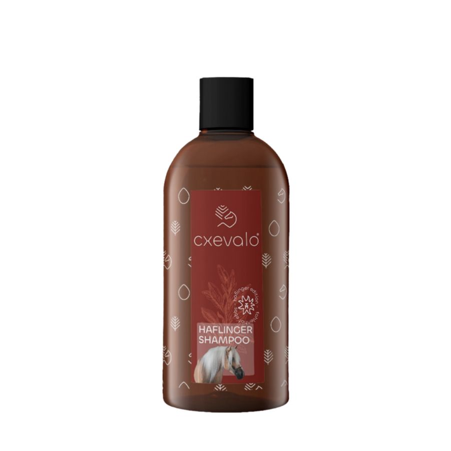 Braune Flasche mit schwarzem Deckel. Auf rotem Etikett: cxevalo, Haflinger Shampoo und ein Pferd.