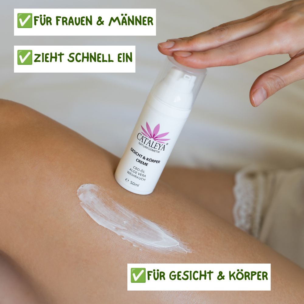 Eine Hand trägt CATALEYA CBD Gesichts- & Körpercreme auf. Die Creme ist für alle Hauttypen und zieht schnell ein.