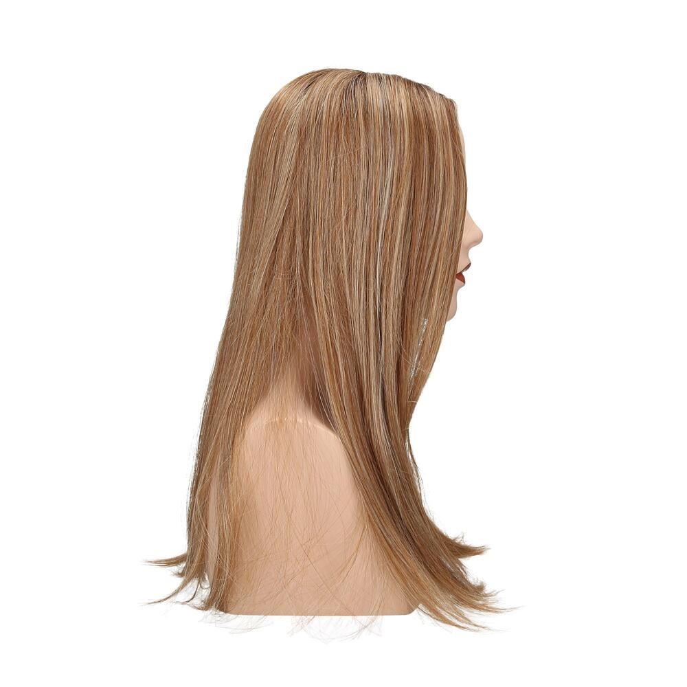 Haarteil Rose von trendhair auf einer Büste. Blonde Strähnen in braunem Haar. Seitenansicht.