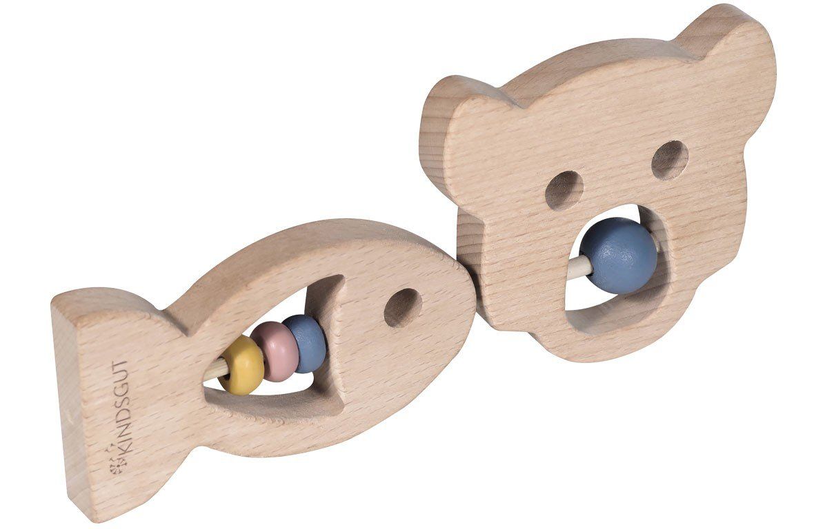 Zwei Holz-Beißringe, Bär und Fisch, verbunden. Bär mit blauer Kugel, Fisch mit bunten Perlen. Marke Kindsgut.