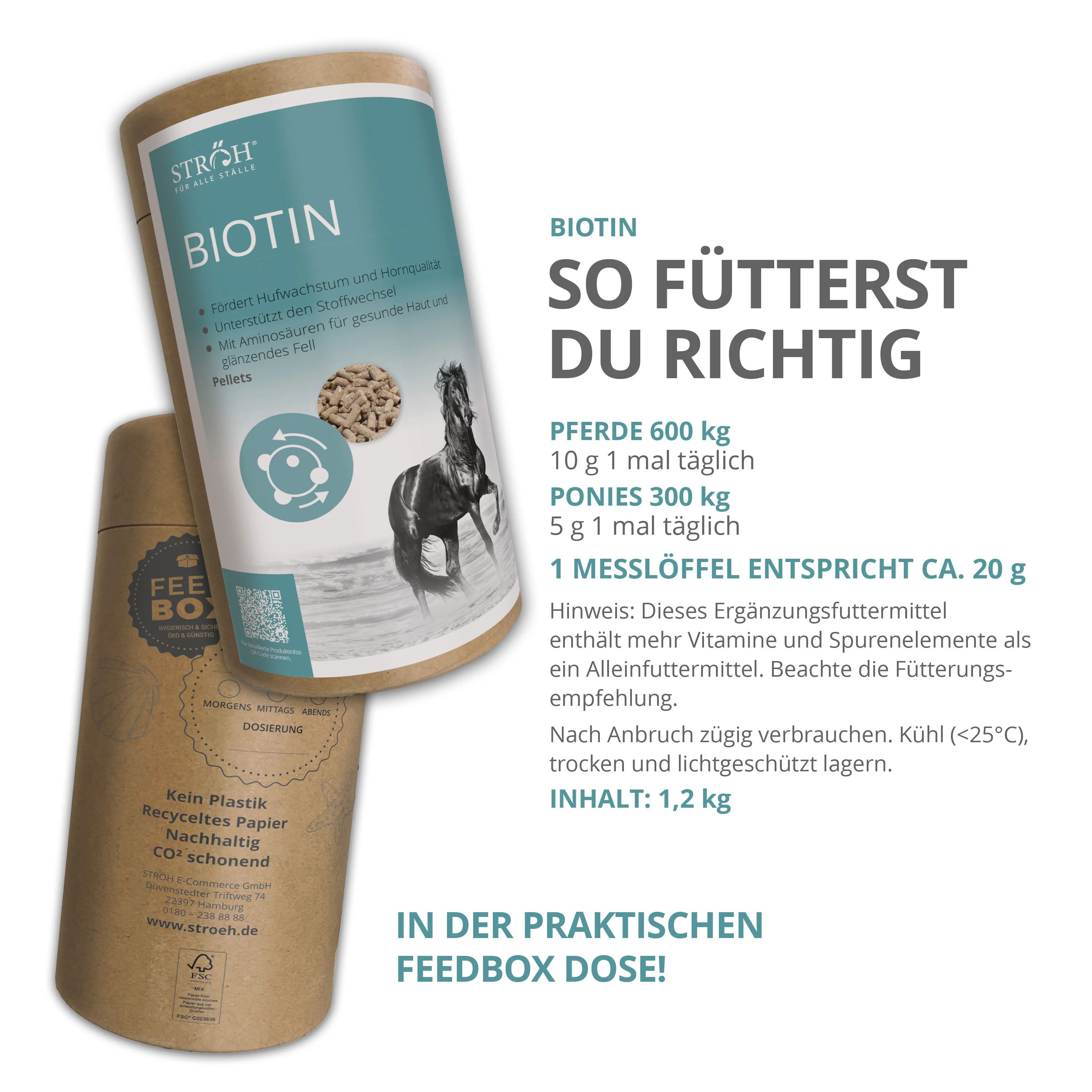 Zwei Dosen mit Biotin-Pellets. Aufschrift: STRÖH, BIOTIN, Pellets. Text über Fütterungsempfehlung. Dose mit Feedbox-Aufdruck.