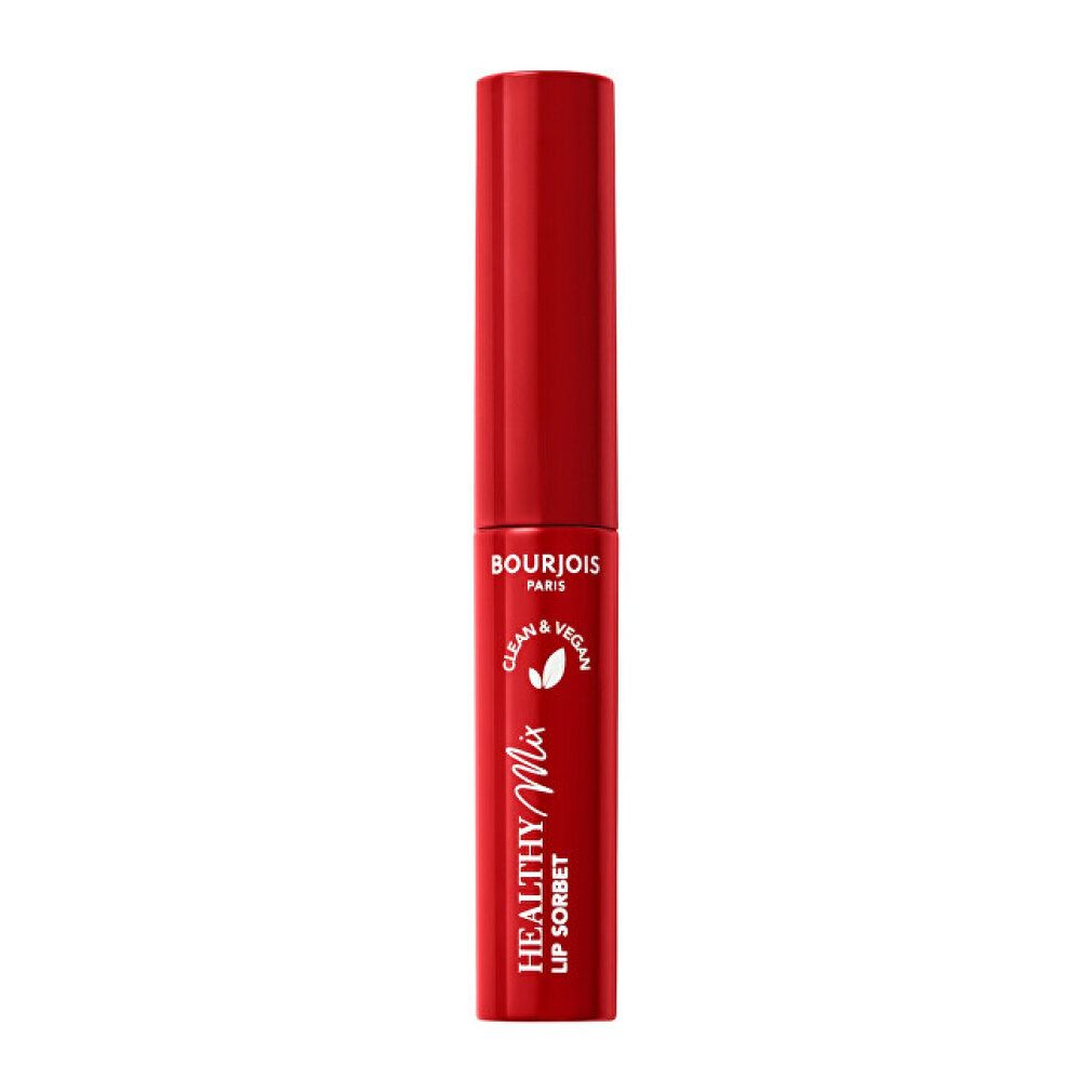 Roter Lippenstift. Aufschrift: Bourjois Paris, Healthy Mix Lip Sorbet, Clean & Vegan.
