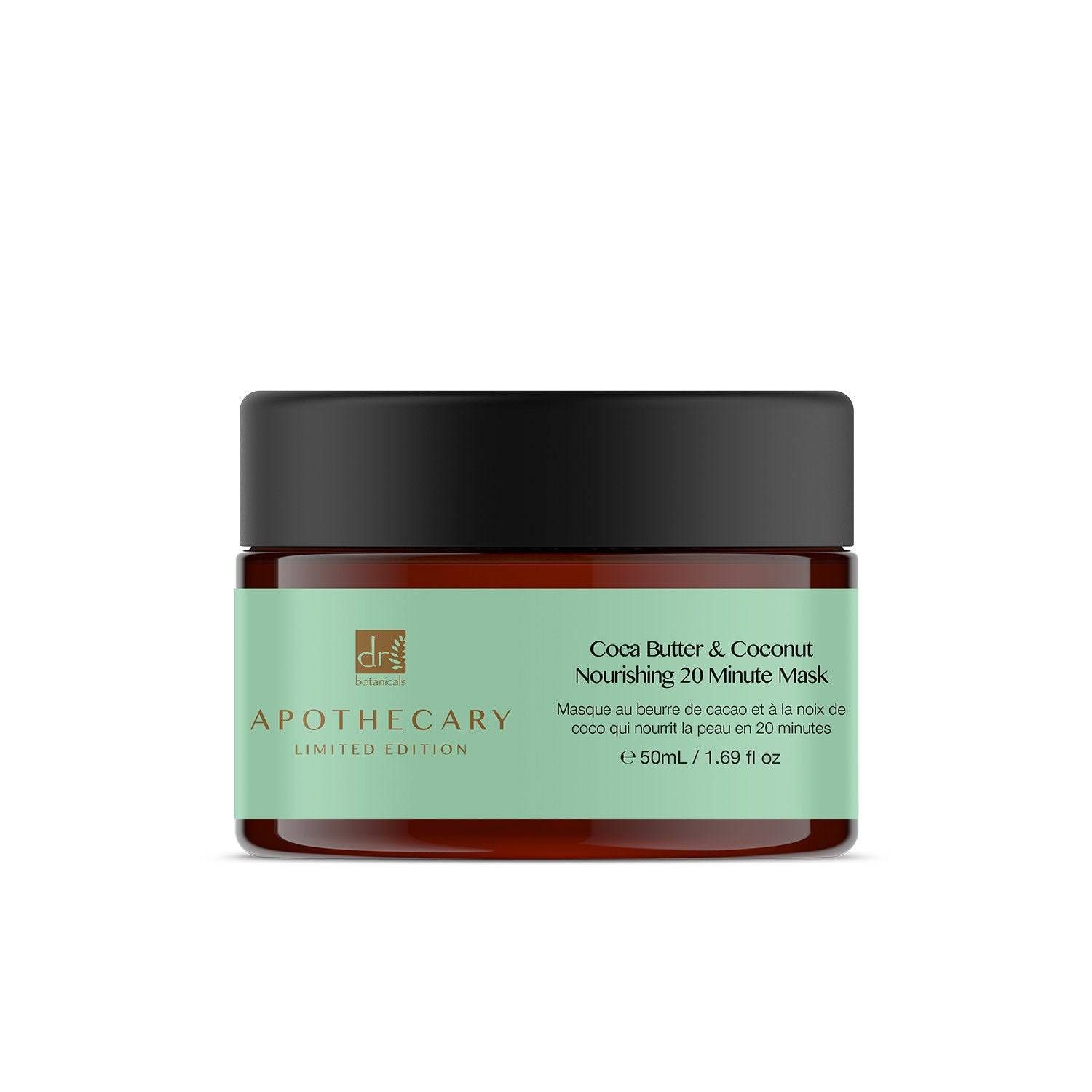 Braune Dose mit schwarzem Deckel und grünem Etikett. Aufschrift: Cocoa Butter & Coconut Nourishing 20 Minute Mask.