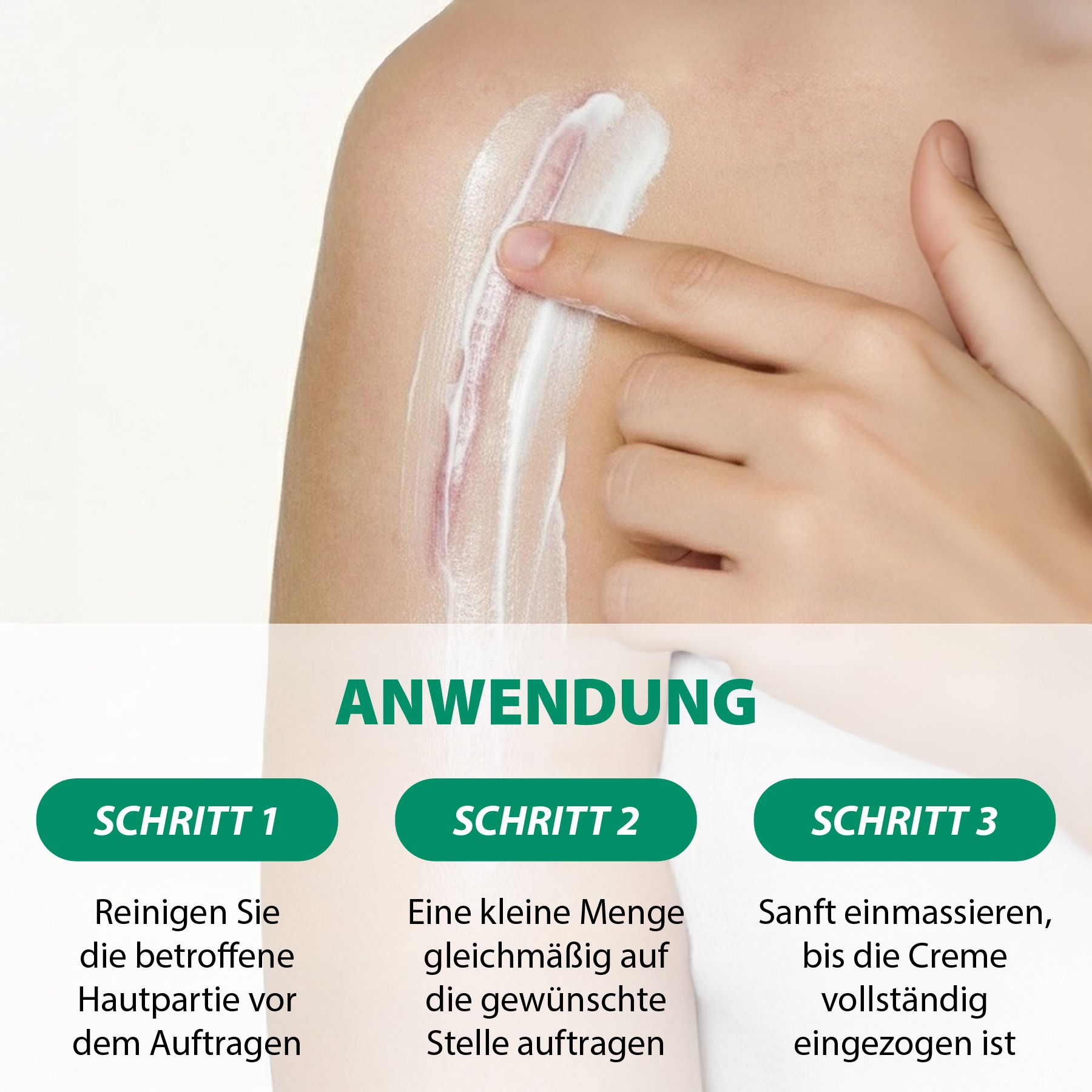 Hand trägt Creme auf Schulter auf. Text: Anwendung. 3 Schritte: Reinigen, Auftragen, Einmassieren.