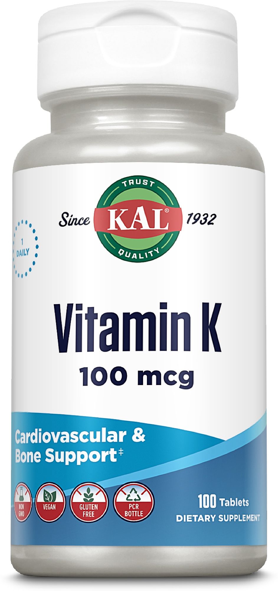 Flasche KAL Vitamin K 100 mcg, 100 Tabletten, für Herz und Knochen.