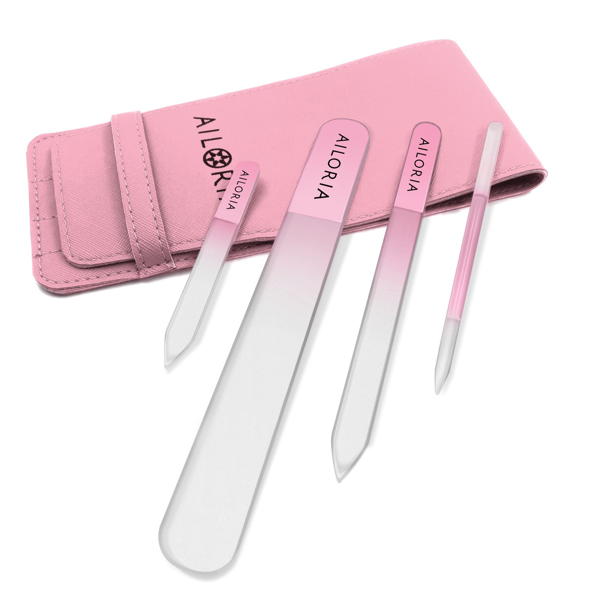 Nagelfeilen-Set mit Etui. Vier Glasfeilen in verschiedenen Formen. Rosa Akzente und AILORIA-Logo.