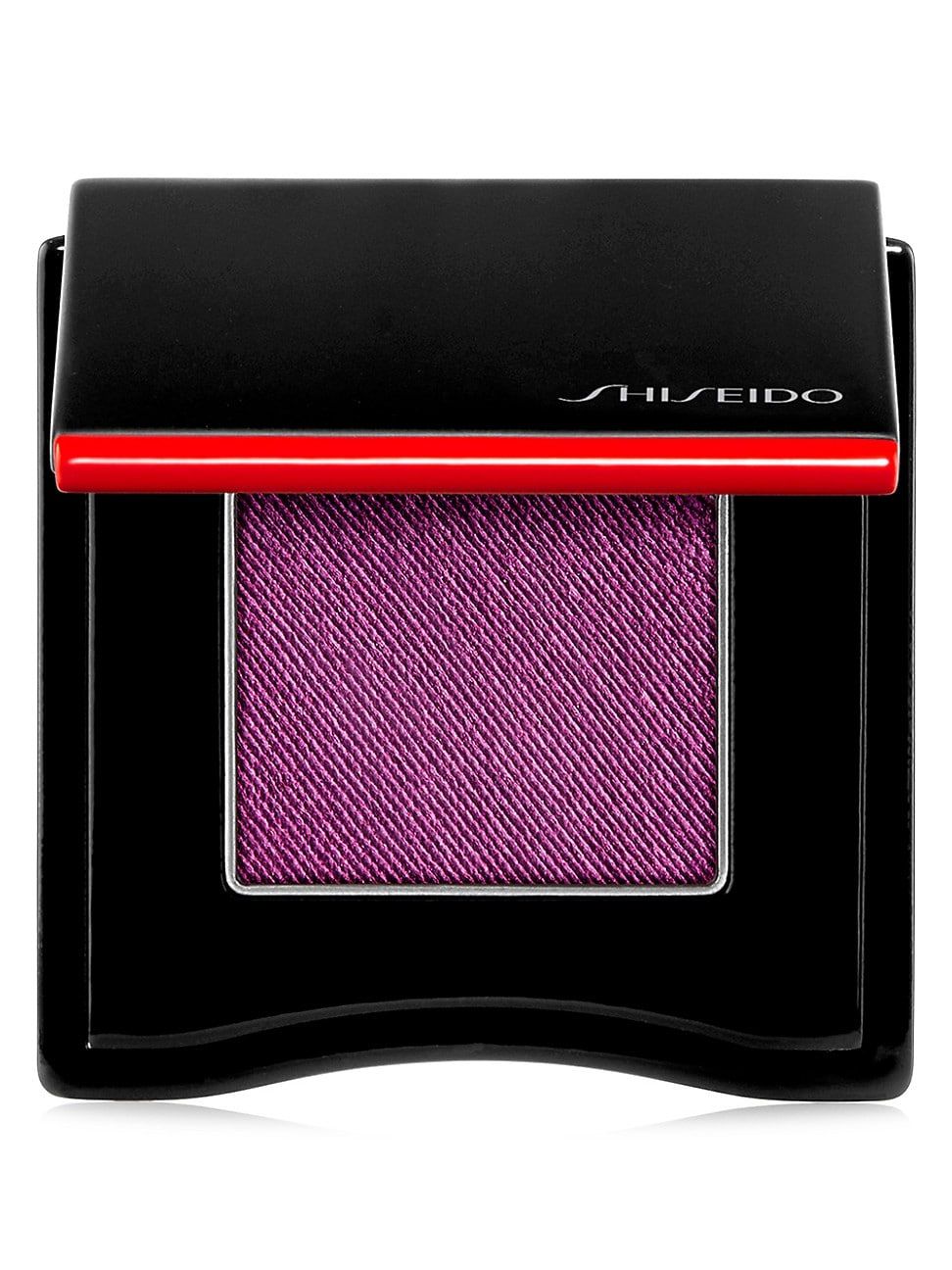 Geöffnete Lidschatten-Palette. Schwarzes Gehäuse mit rotem Akzent. Quadratischer, violetter Lidschatten. Marke Shiseido.