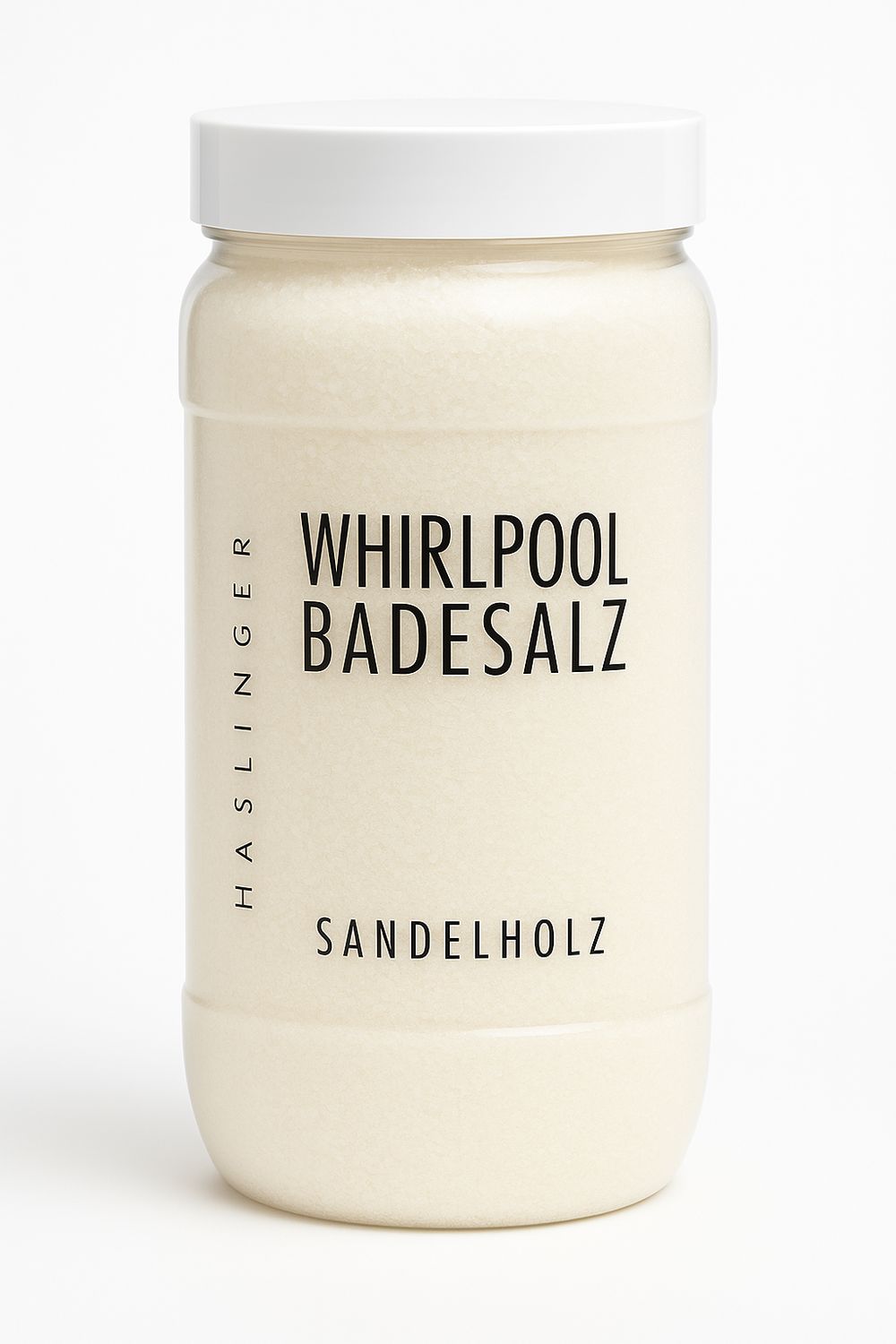 Zylindrisches Glas mit weißem Deckel. Aufschrift: WHIRLPOOL BADESALZ, SANDELHOLZ. Haslinger-Logo vertikal.