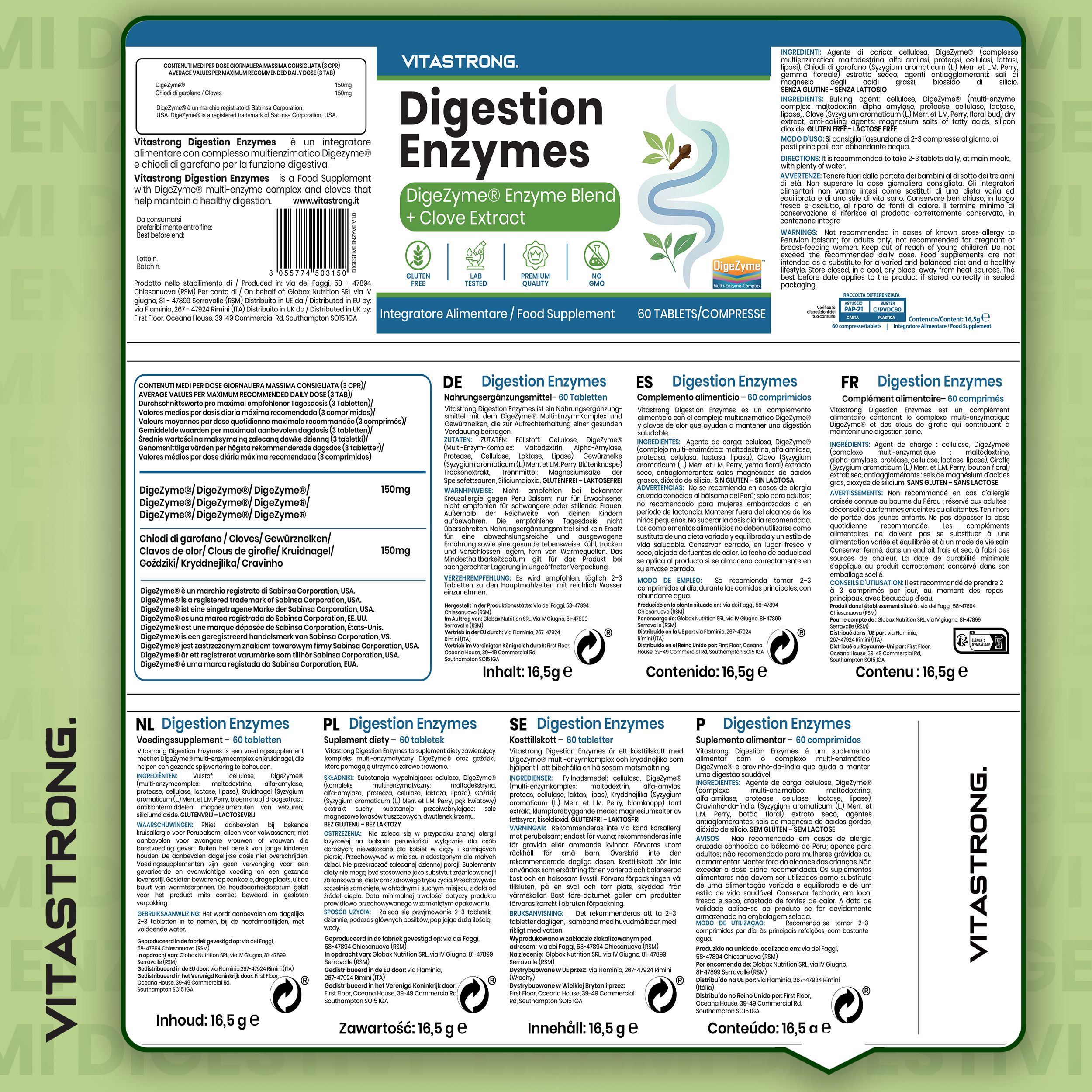 Produktverpackung mit Text. Text: Digestion Enzymes. Enthält 60 Tabletten. Inhaltsstoffe.